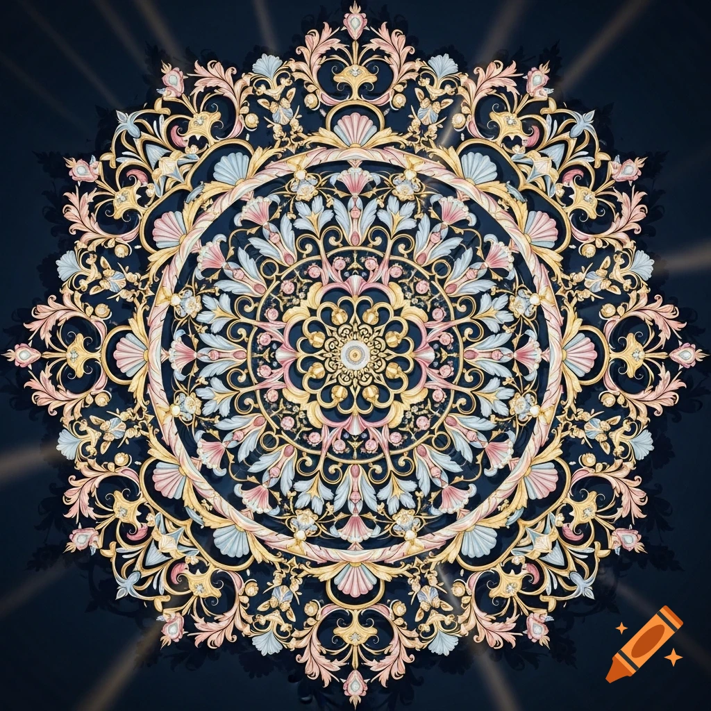 An intricate rococo mandala with pastel pink, blue, and gold floral and shell motifs on a dark background, radiating light.