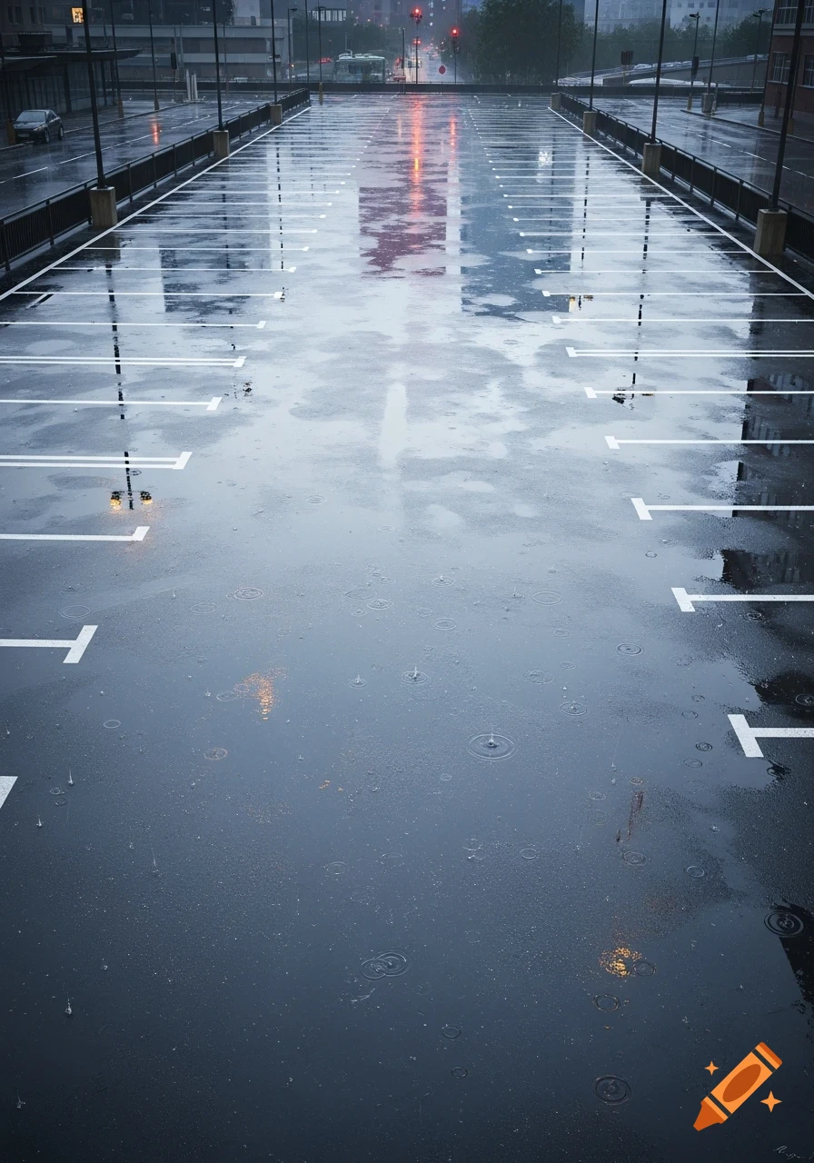A top-down view of a wet asphalt parking lot with white parking lines, reflecting city lights and showing raindrops.