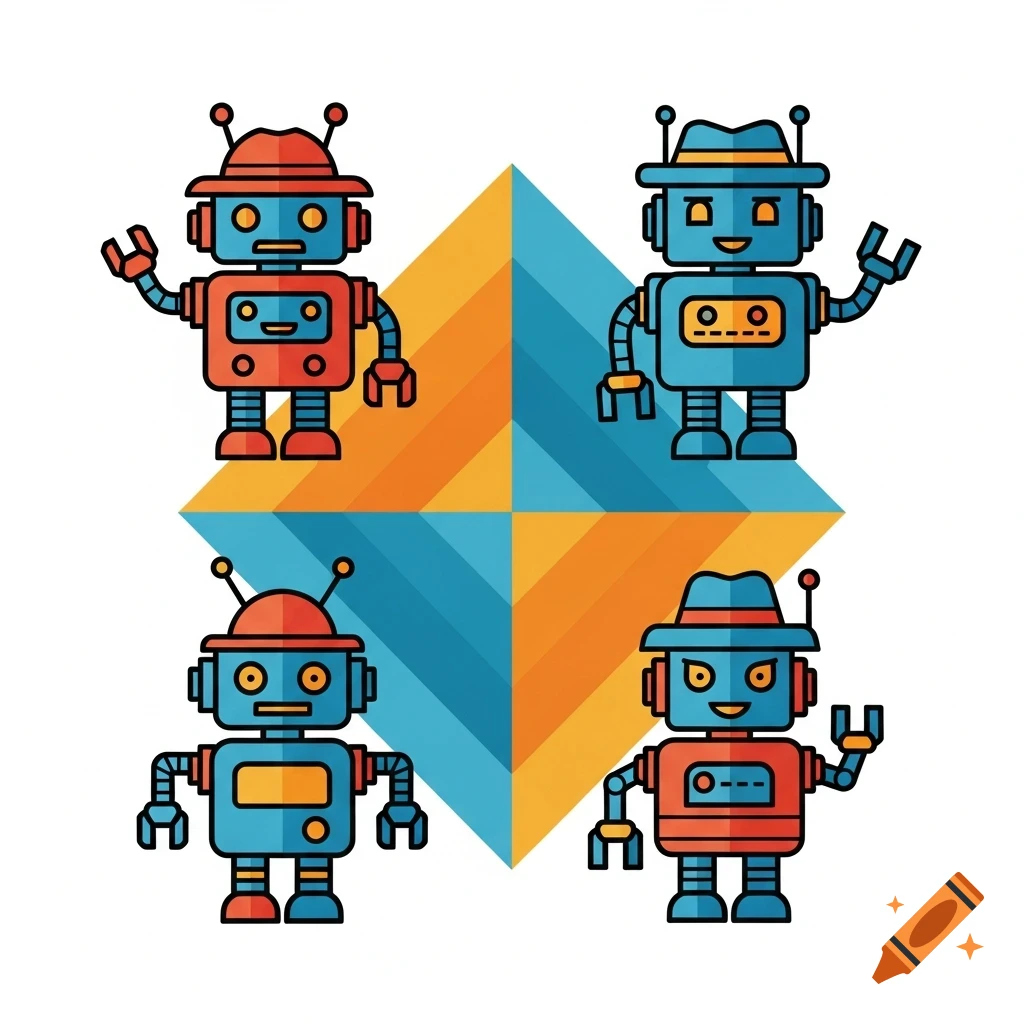 A 2x2 grid shows four similar flat vector robots with thick black outlines, red and blue bodies, and various hats, against a background of orange and blue diagonal stripes.