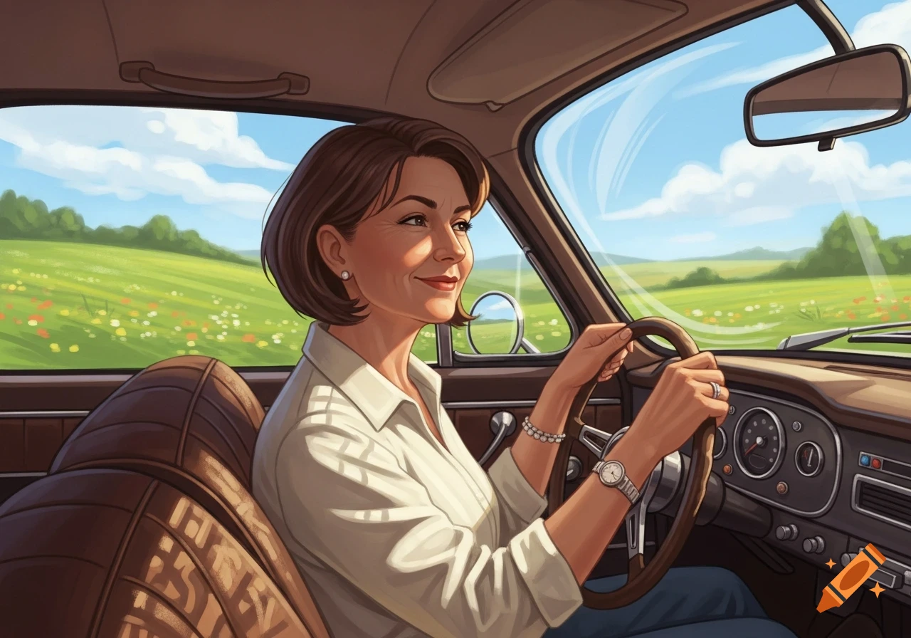 An illustrated woman with short brown hair smiling while driving a vintage car on a sunny day with a green landscape visible outside.