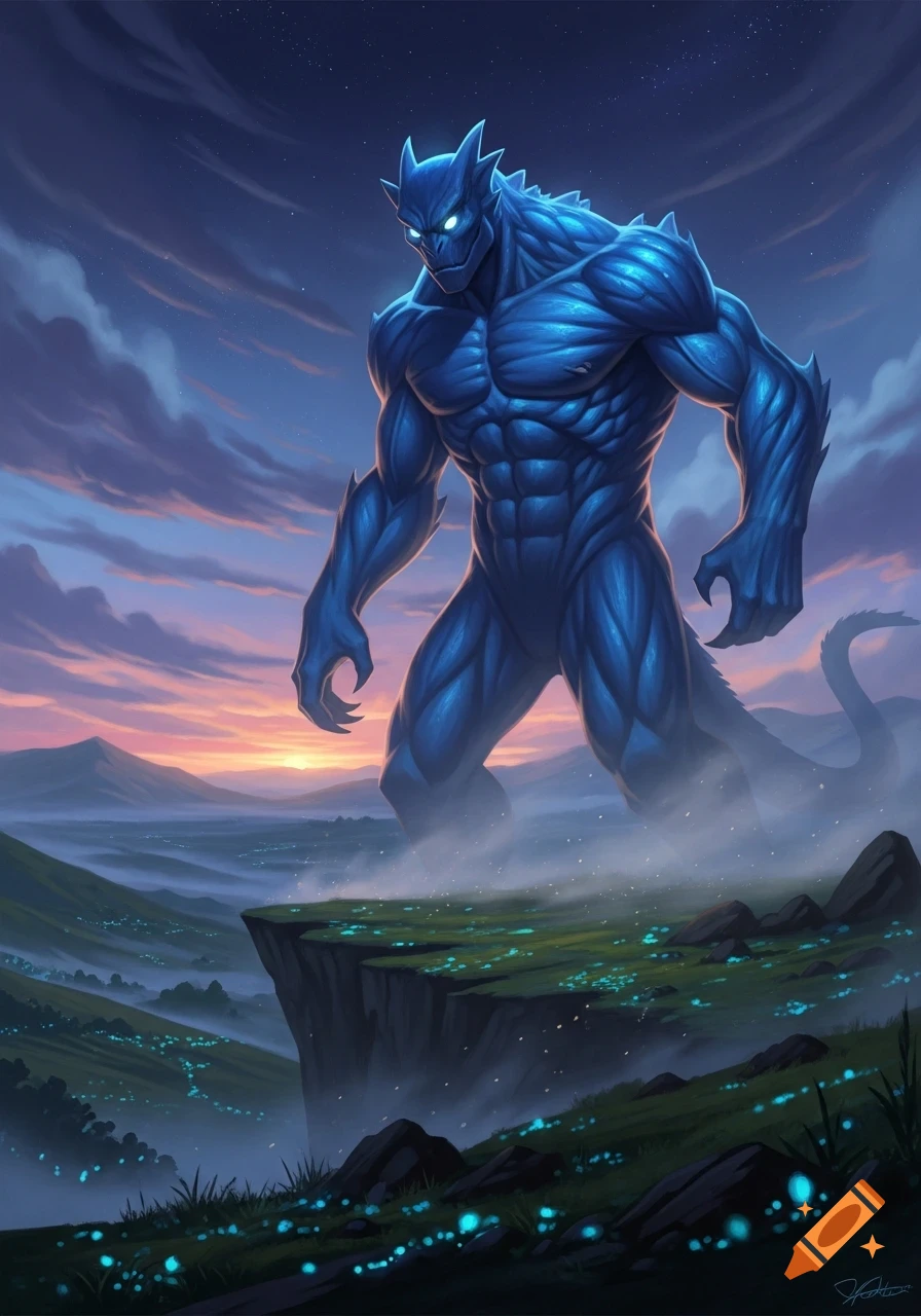 Blue Spring Monster A colossal blue monster with glowing eyes stands on a cliff overlooking ...