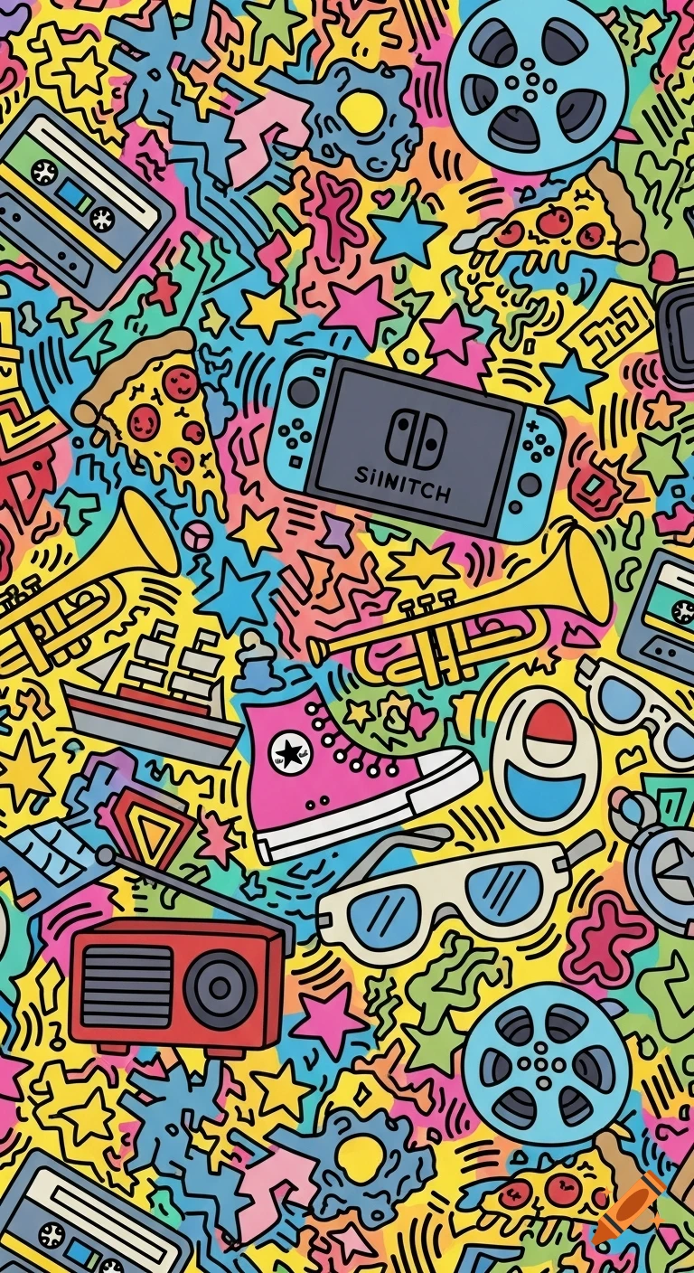 Colorful Keith Haring-style pattern with cassette tapes, Nintendo Switch, pizza, trumpets, converse shoes, and film reels.