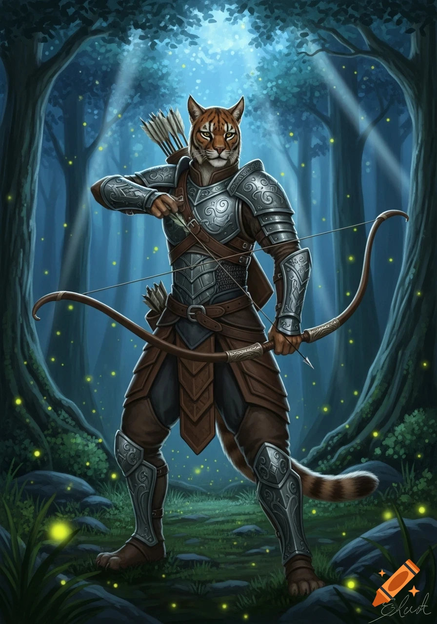 A khajiit archer in intricate silver and brown armor holds a bow in a mystical forest with fireflies and dappled light.