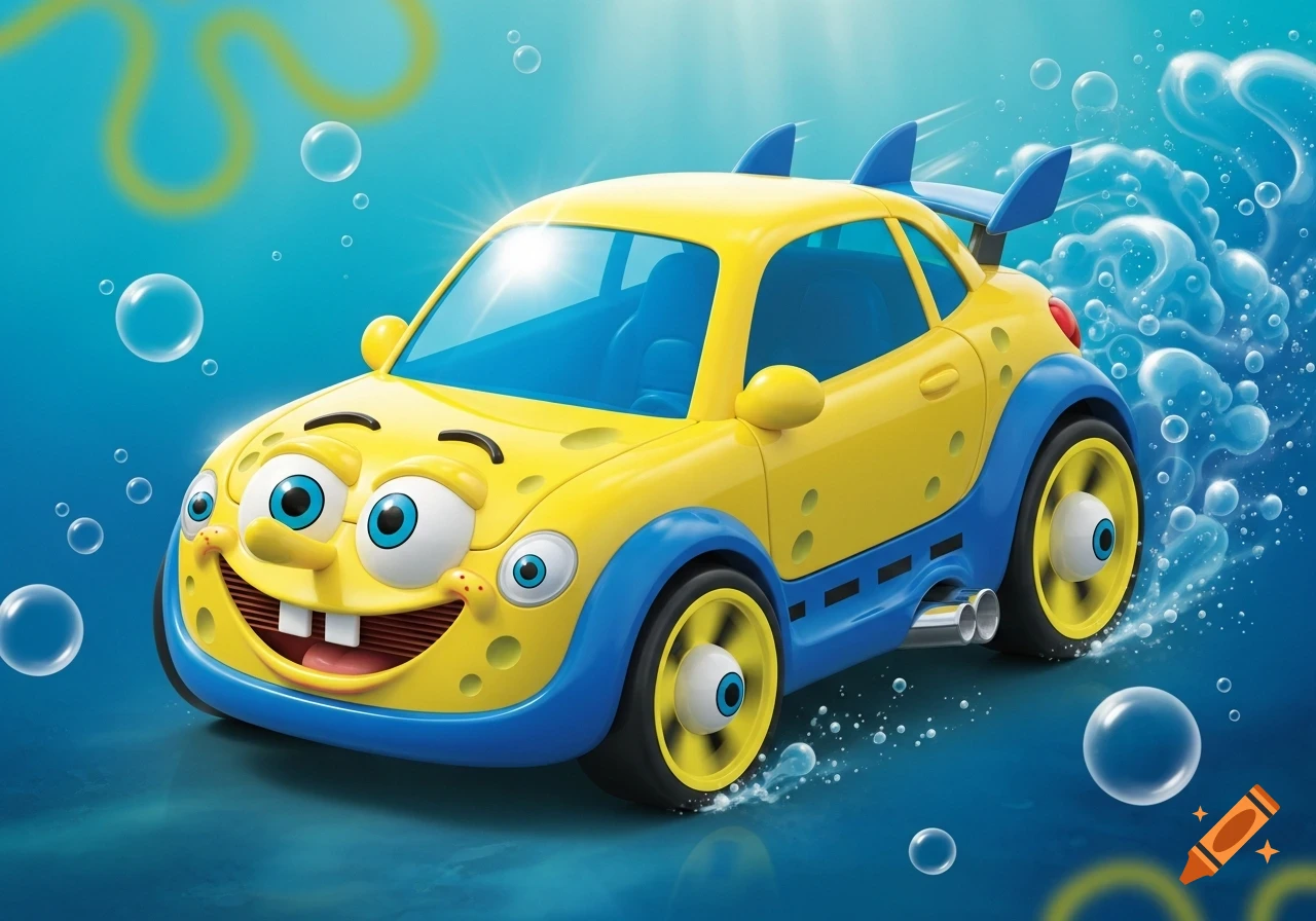 A yellow and blue Spongebob-themed car with cartoon eyes, buck teeth, and eyeball wheels, driving underwater with bubbles.