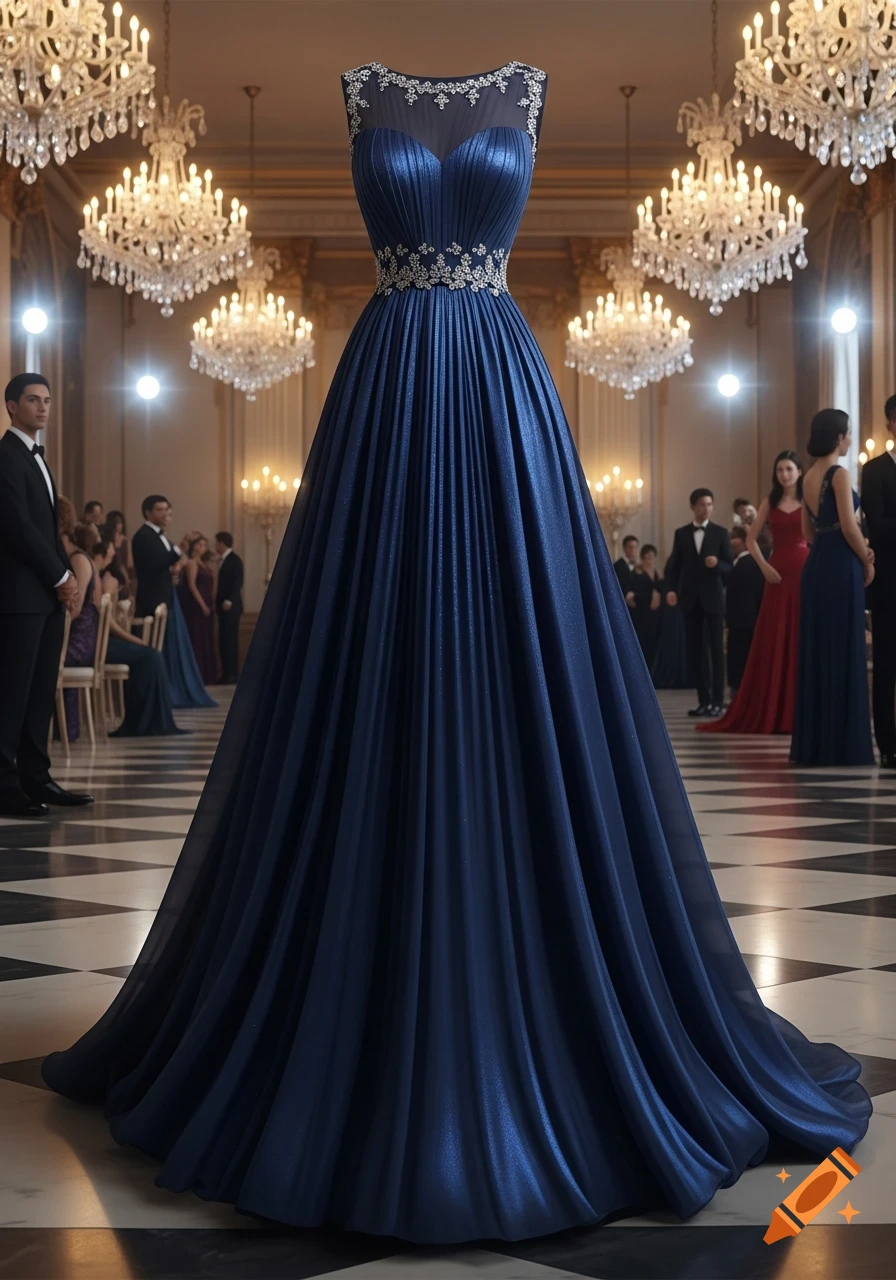 A stunning navy blue formal gown with a full, flowing skirt and ornate bodice, displayed in a grand ballroom setting.
