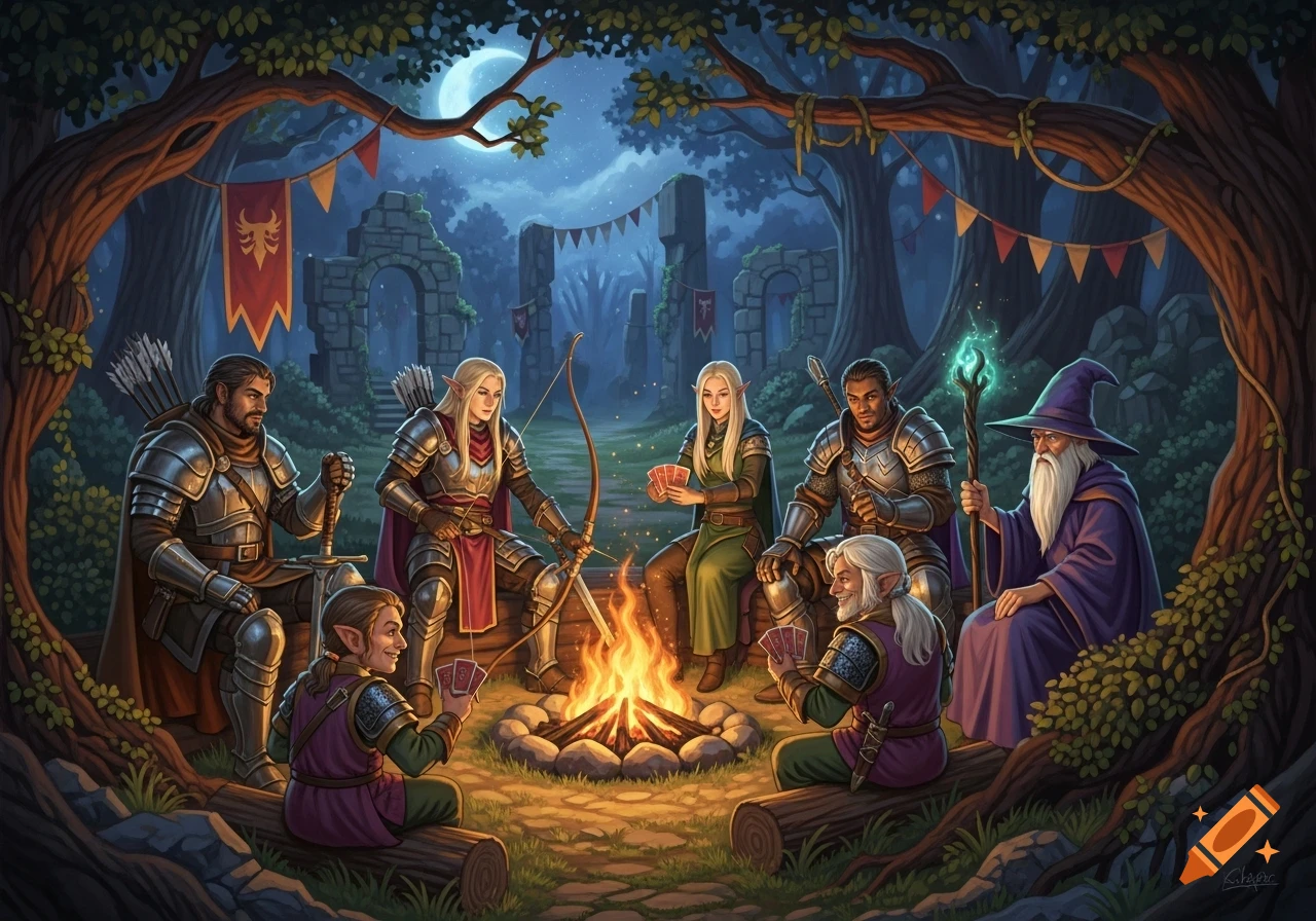 A group of fantasy characters, including elves, warriors, and a wizard, gathered around a campfire in a moonlit forest, playing cards.