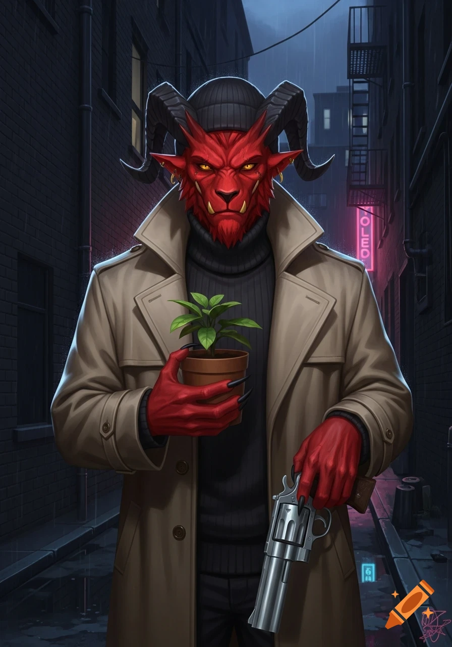 Red-skinned demon-like man in a trench coat, holding a potted plant and a silver revolver in a gritty, rainy alley at night, digital painting.