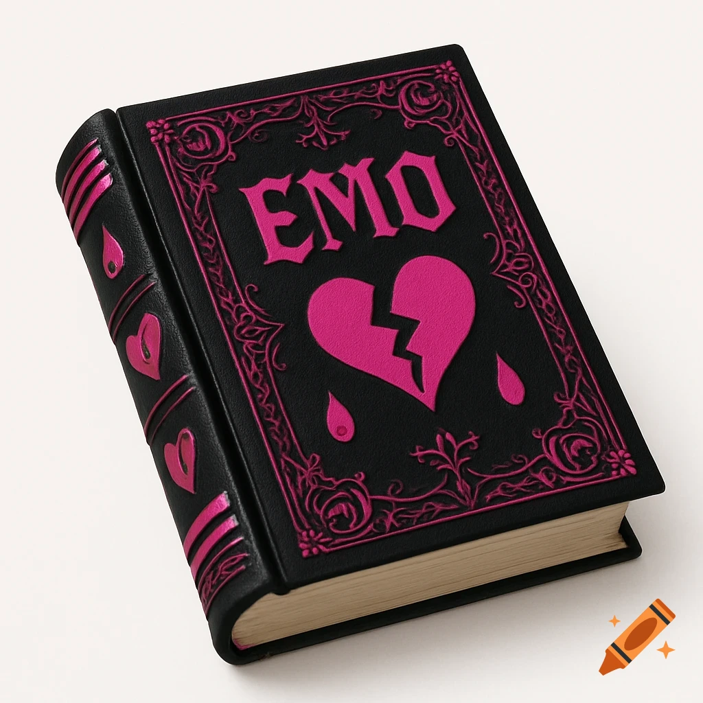 A black book with hot pink gothic-style text "EMO" above a broken heart, surrounded by decorative borders, set on a white background.
