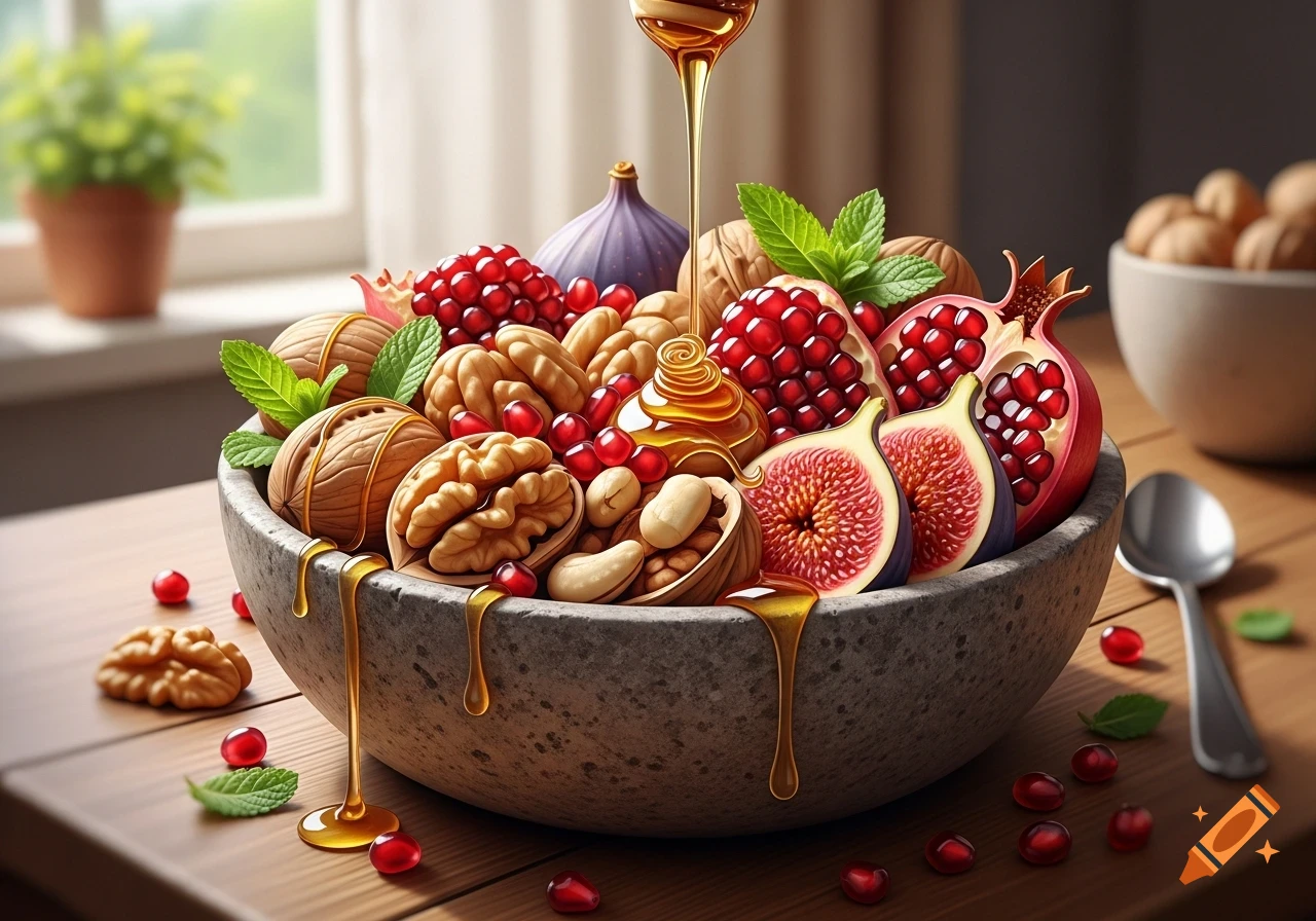 A rustic stone bowl overflowing with walnuts, pecans, pomegranates, and sliced figs, with honey drizzling over them on a wooden table.