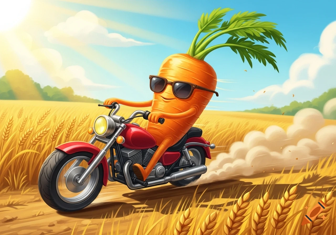 A cool cartoon carrot wearing sunglasses rides a red motorcycle through a golden wheat field under a sunny sky.