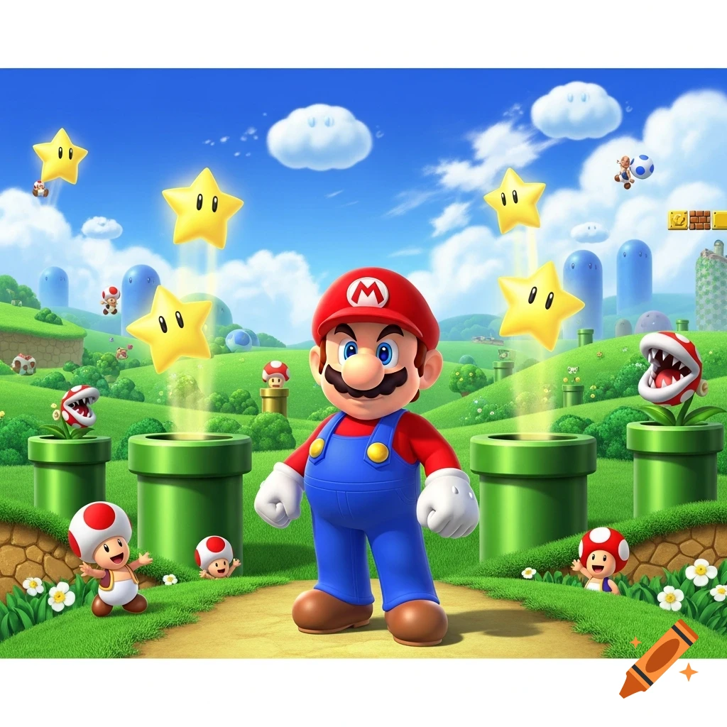 Mario stands in a bright, colorful video game landscape with stars, green pipes, piranha plants, and Toads.