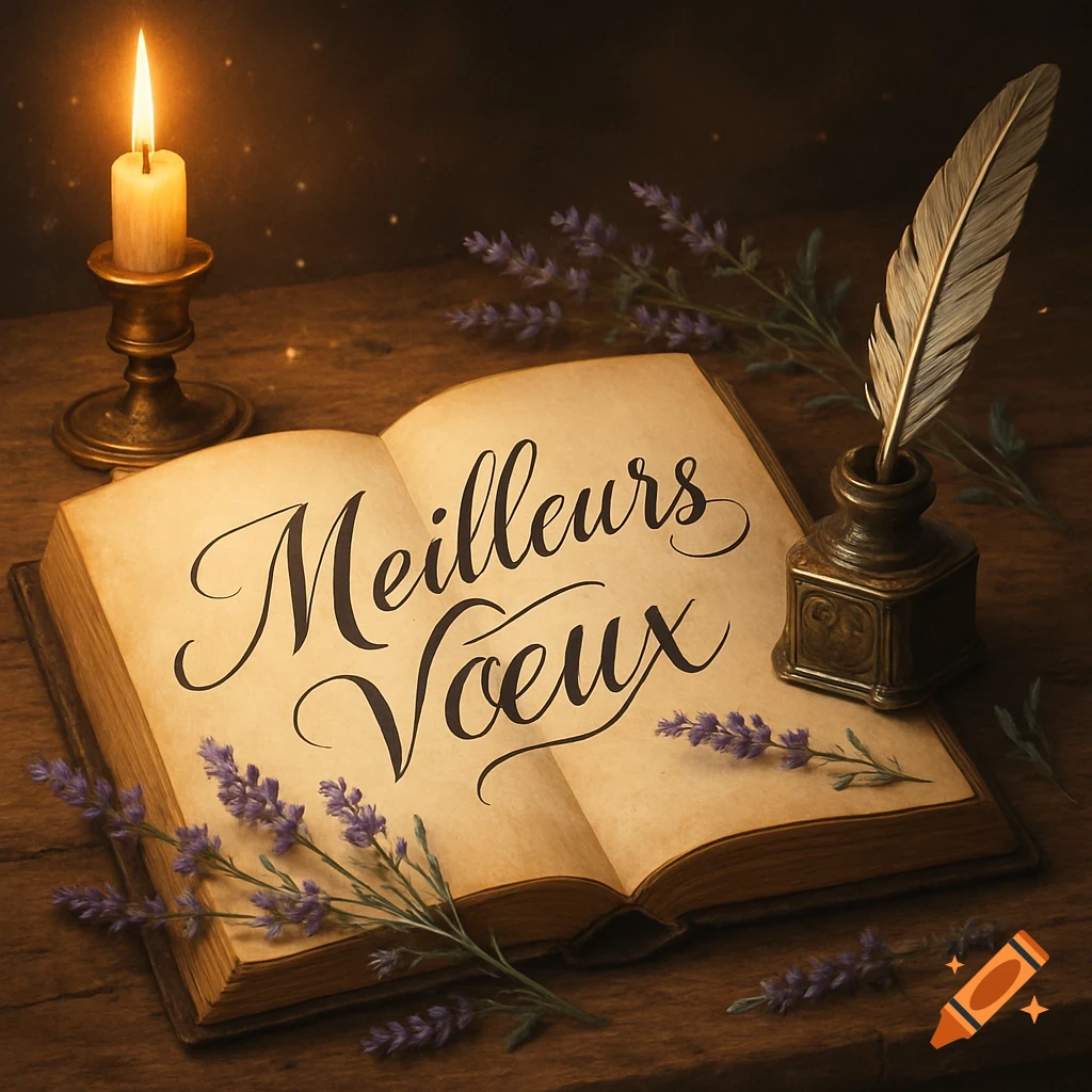 An open old book with 'Meilleurs Voeux' written in script, illuminated by a burning candle, with a quill and lavender sprigs.