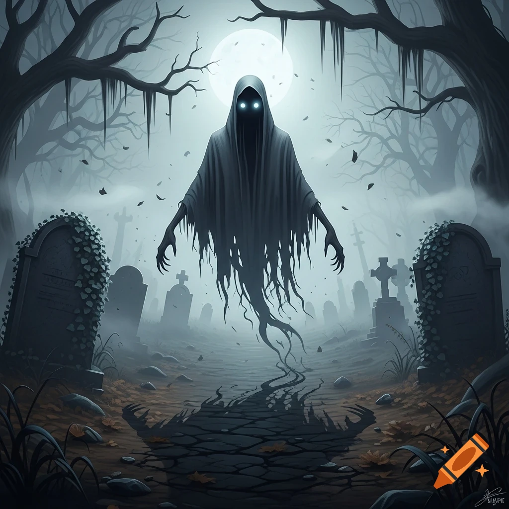 A spectral ghost with glowing eyes floats above a misty graveyard under a full moon, surrounded by twisted trees and tombstones.