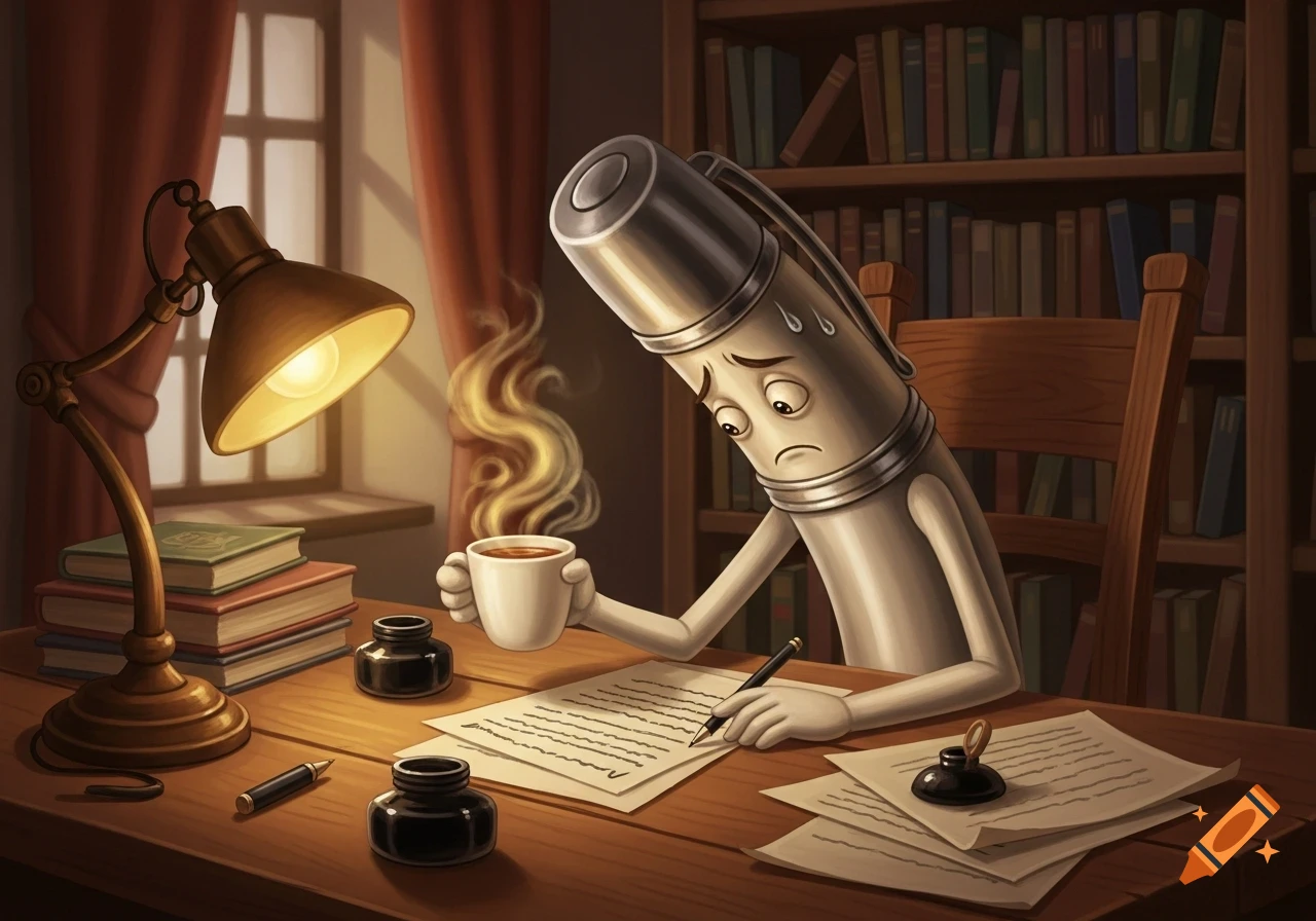 An anthropomorphic, stressed pen drinks from a steaming mug while correcting a document at a dimly lit desk with a lamp, ink bottles, and books.