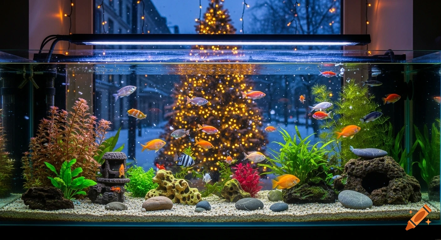 A vibrant aquarium with colorful fish and aquatic plants, illuminated, set against a window view of a snowy street with a sparkling Christmas tree.