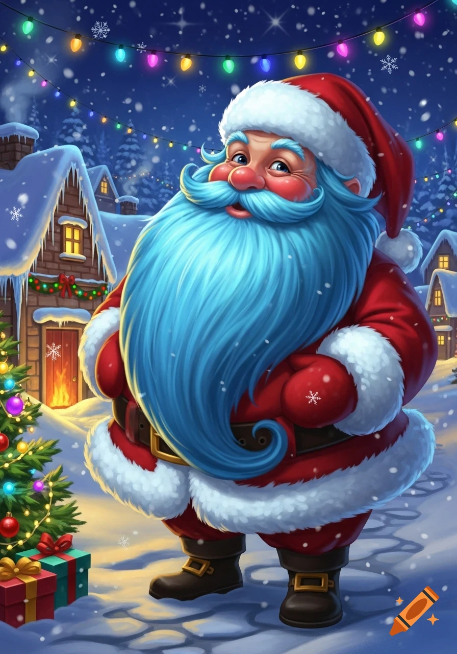 A cheerful Santa Claus with a blue beard stands in a snowy Christmas village with a decorated tree and colorful lights.