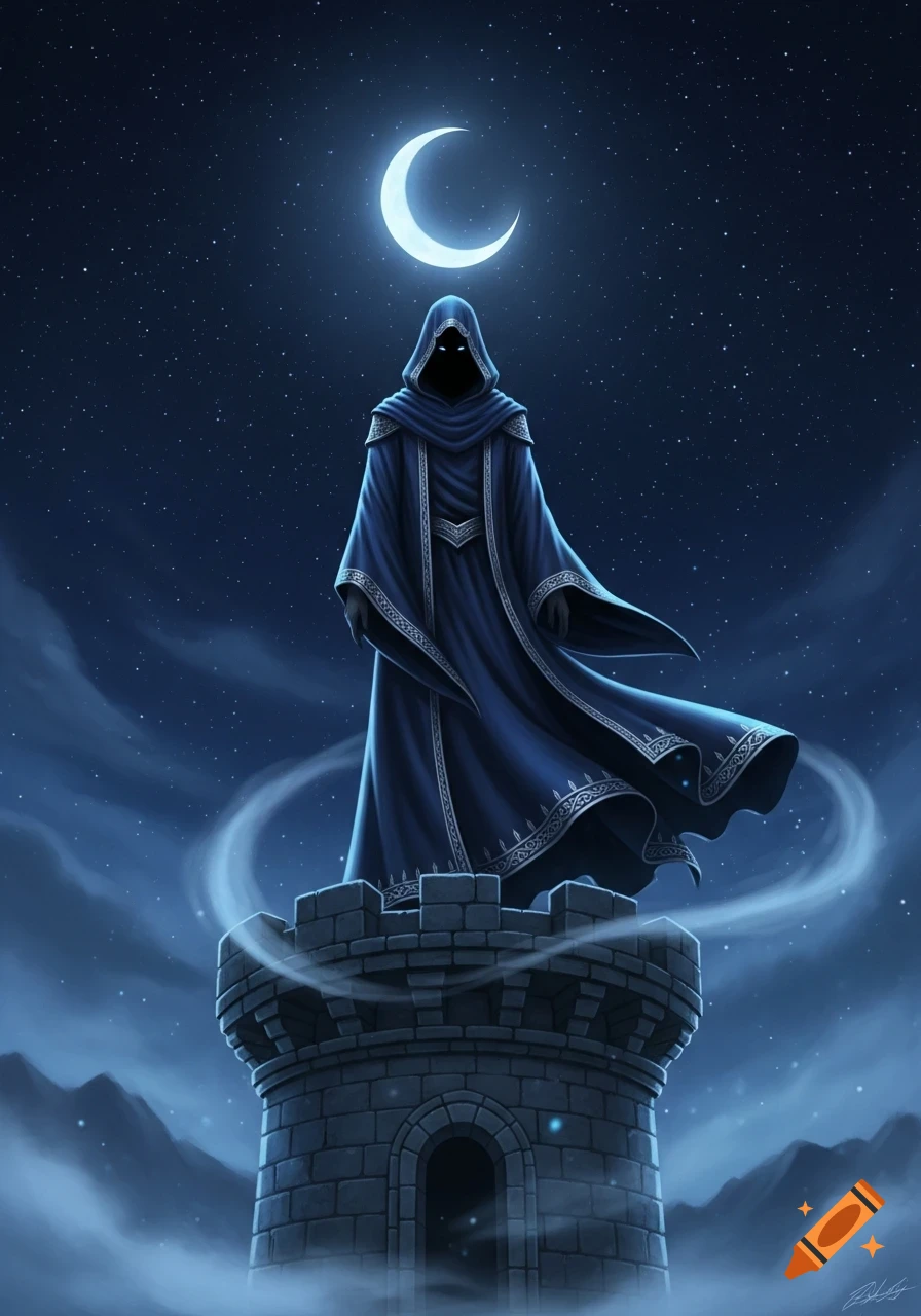 A mysterious hooded figure in a blue robe stands on a stone tower under a crescent moon and starry night sky.