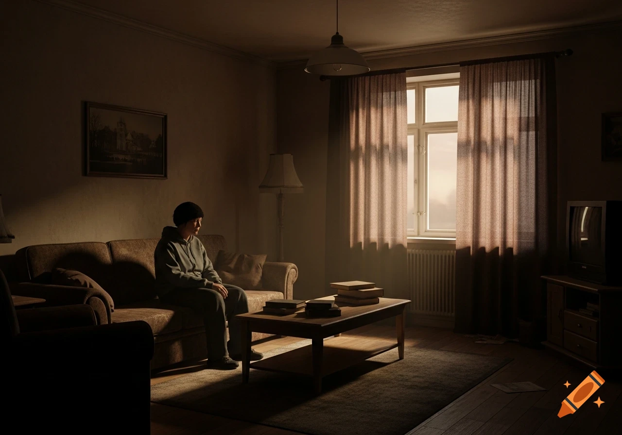 A person in a hoodie sits on a couch in a dimly lit living room, bathed in soft light from a window with curtains, photorealistic.