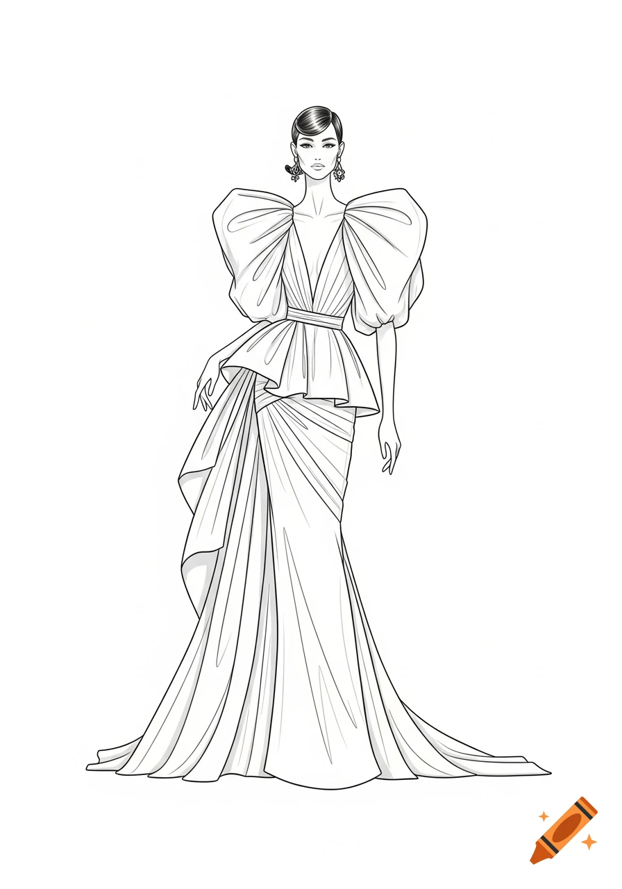 Black and white fashion illustration of a woman in an elegant gown with ...