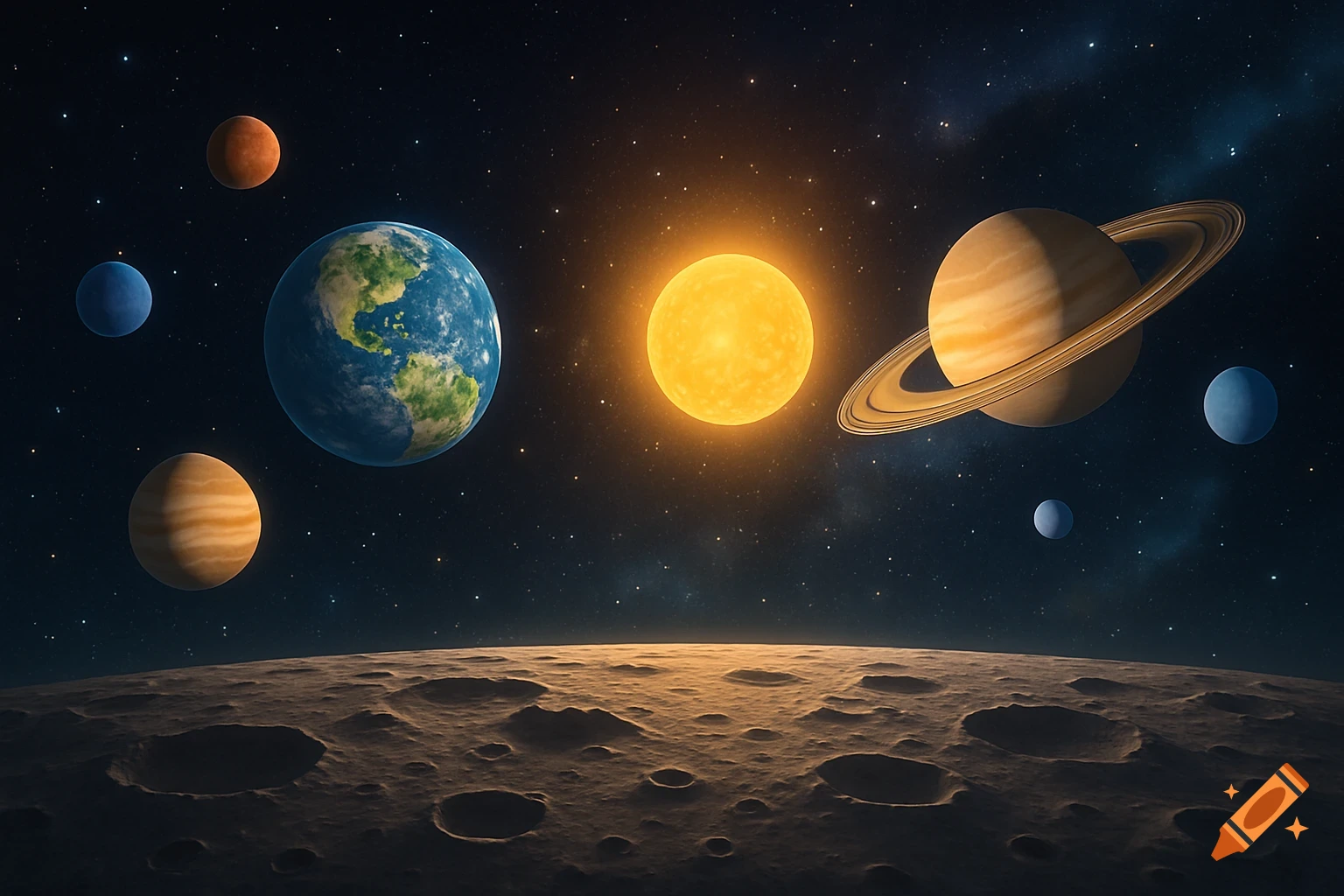 Stylized view of the solar system with the Sun, Earth, Saturn, and other planets, seen from a cratered moon surface against a starry sky.