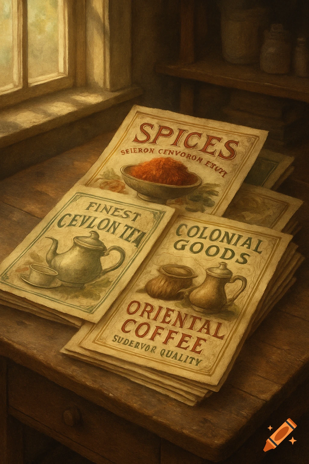 An old-fashioned painting of a stack of vintage advertising posters for colonial goods like spices, Ceylon tea, and Oriental coffee on a wooden table, next to a sunlit window.