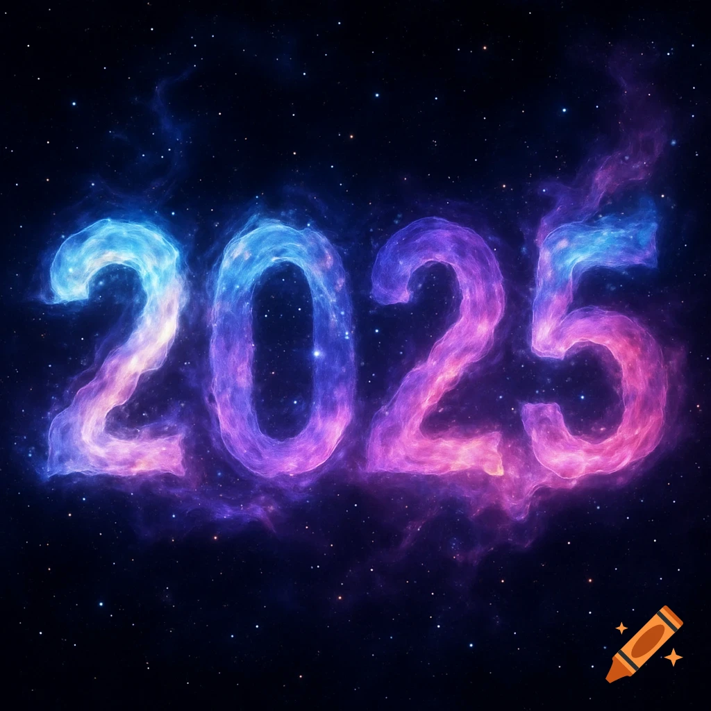 The numbers 2025 formed from glowing blue and purple nebulae and stars against a dark starry sky.