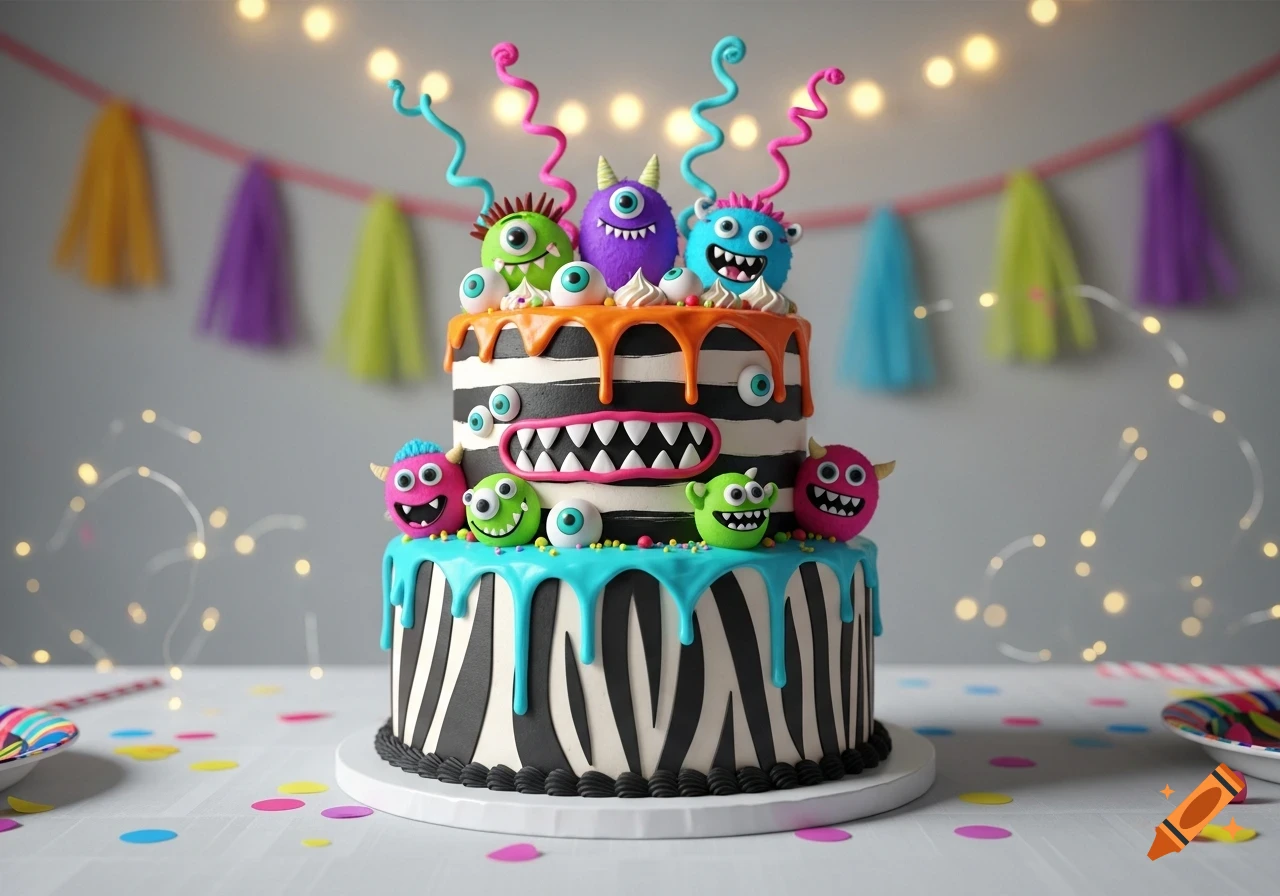 A two-tiered zebra stripe cake decorated with colorful fondant monsters, googly eyes, and dripping icing, set against a blurry party background with string lights and confetti.