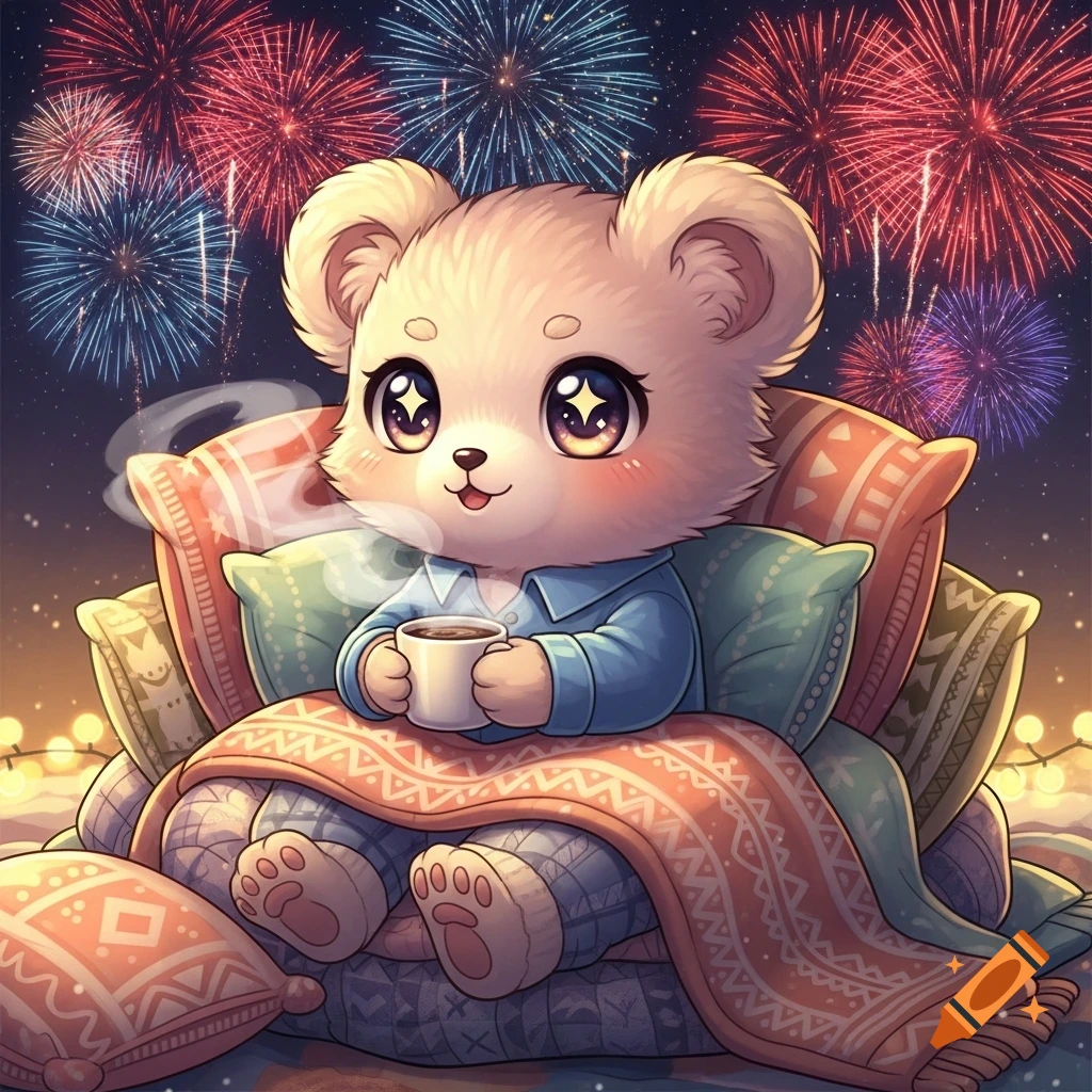 A cute, kawaii bear in pajamas snuggled under blankets with a cup of coffee, watching colorful fireworks against a dark night sky.