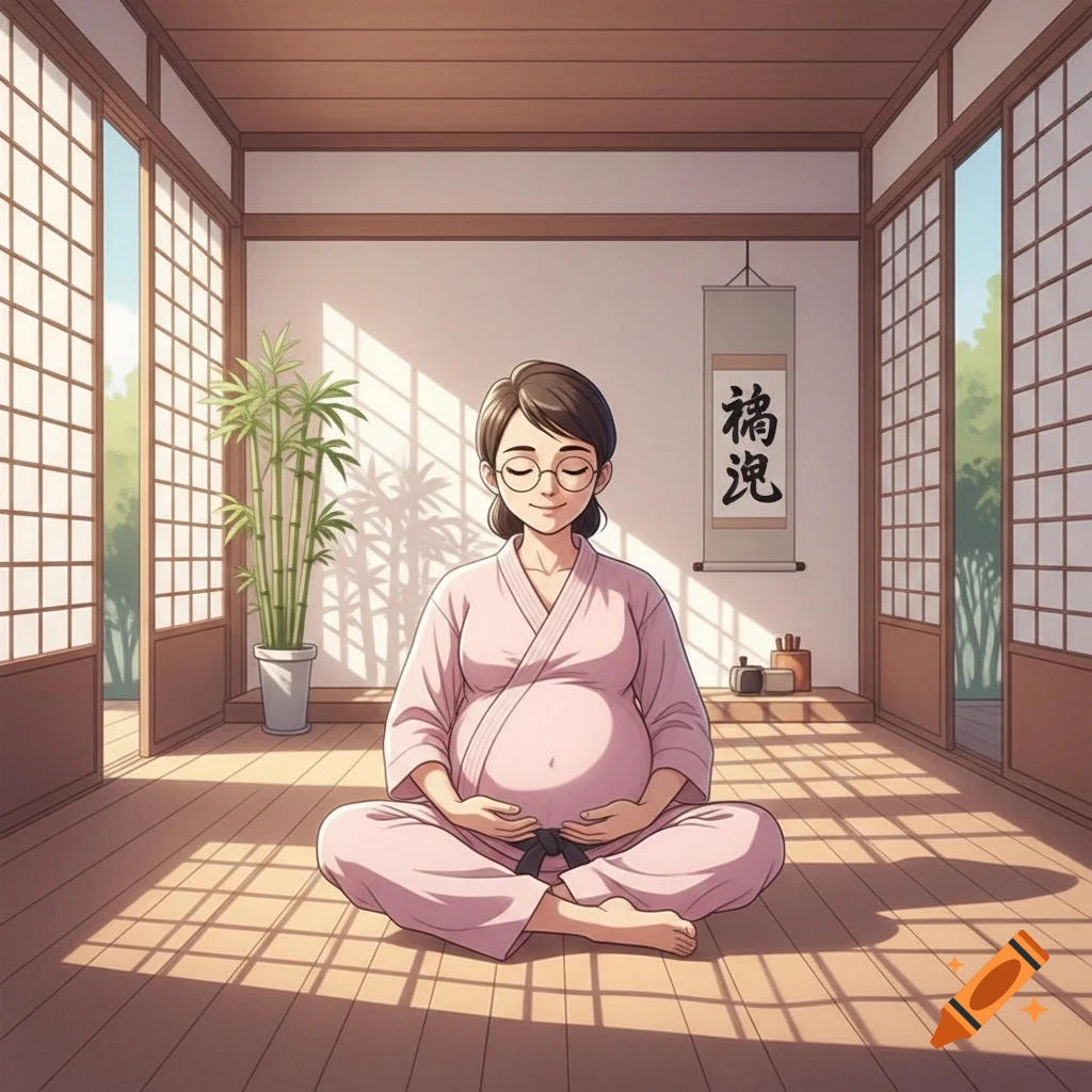 A pregnant woman in glasses wears a pink gi, meditating with closed eyes and smiling in a sunny Japanese dojo with bamboo. Anime style.
