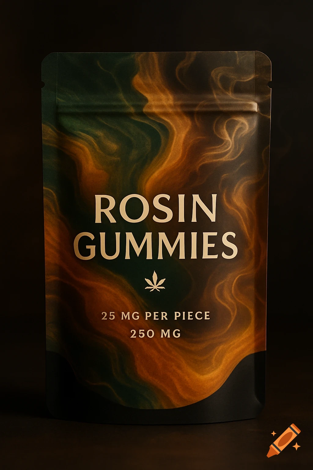 A dark, textured pouch of Rosin Gummies with green and orange swirling patterns. Text reads "ROSIN GUMMIES," "25 MG PER PIECE," and "250 MG," with a cannabis leaf logo.