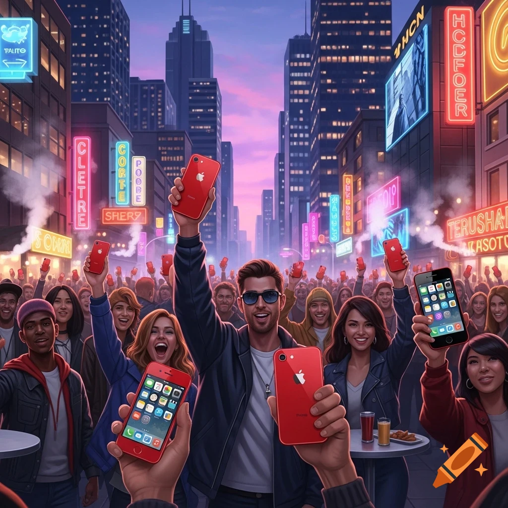 A vibrant crowd of people celebrating on a city street at dusk, holding red iPhones aloft, surrounded by neon signs and tall buildings.