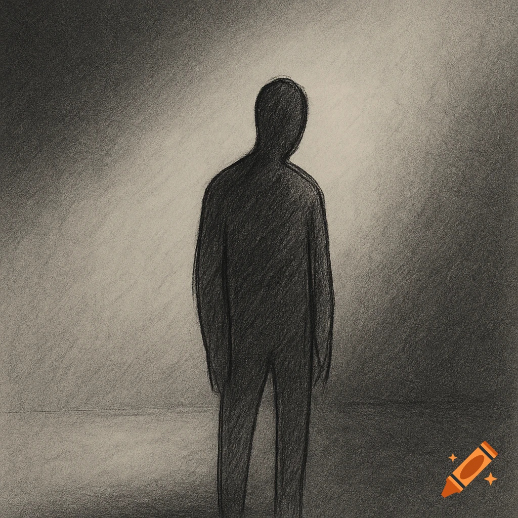 A dark, minimalist sketch of a shadowy figure standing with its back to the viewer in a dimly lit, empty space.