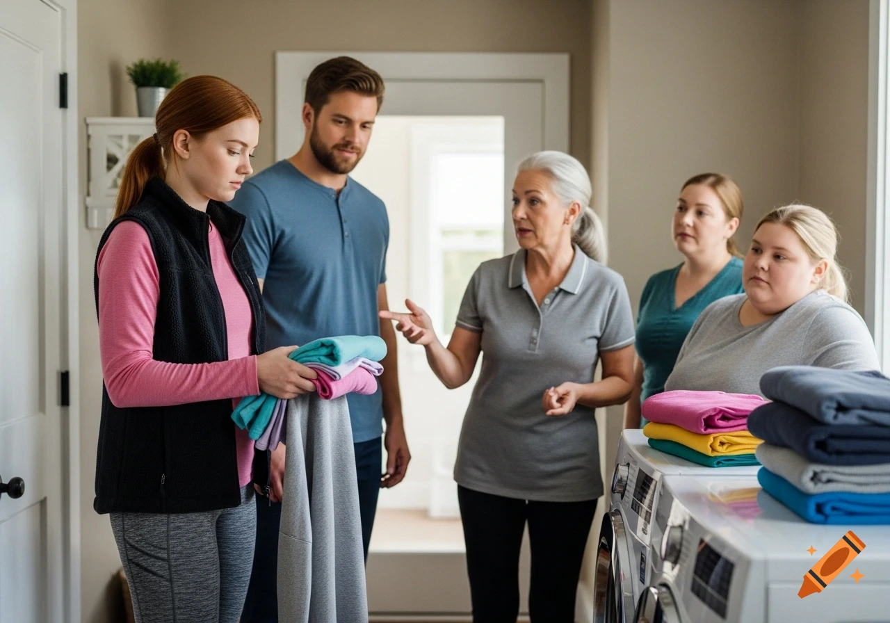 Five adults folding colorful laundry in a photorealistic indoor laundry room.