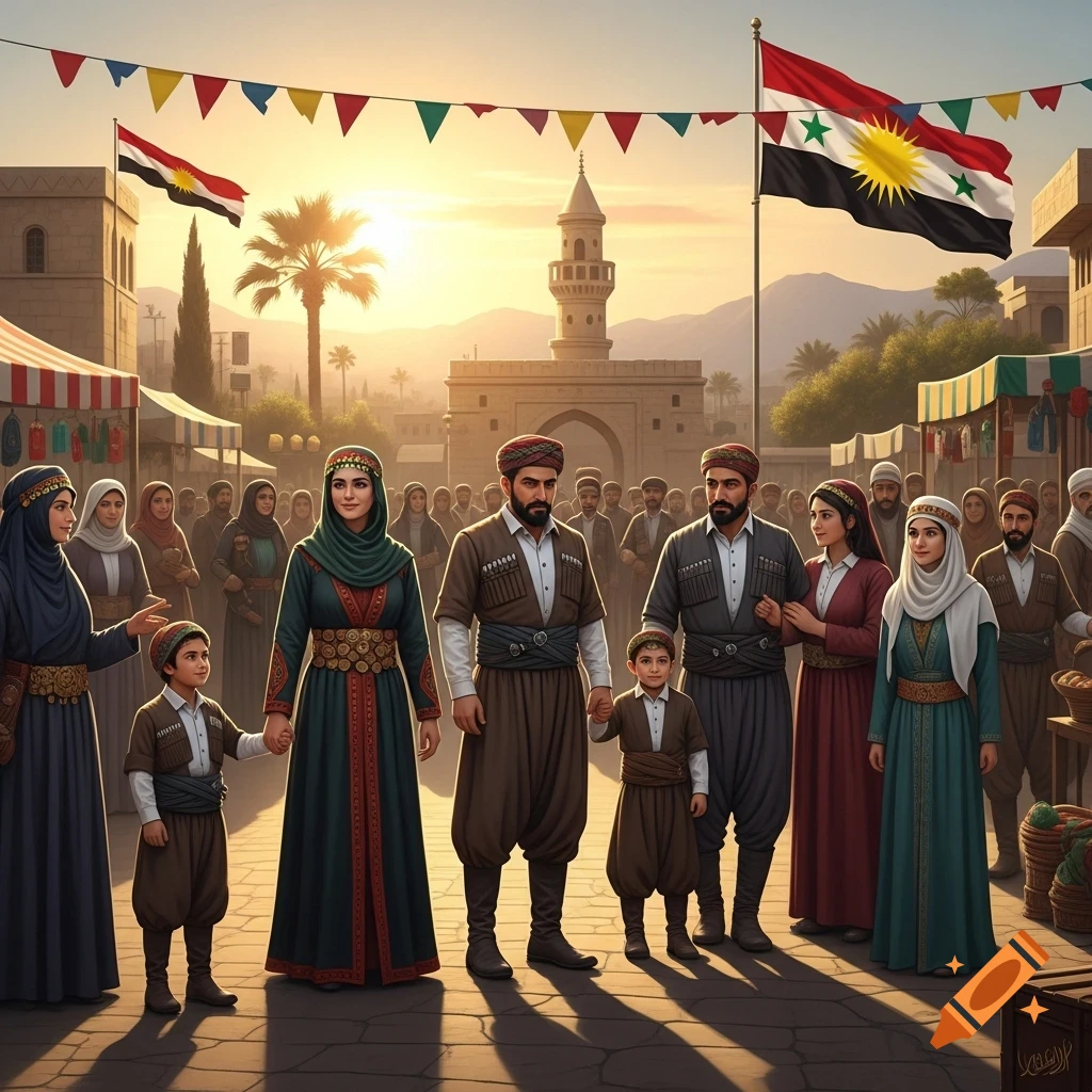 A diverse group of people in traditional Middle Eastern attire gather on a street with flags and a mosque under a sunset sky.