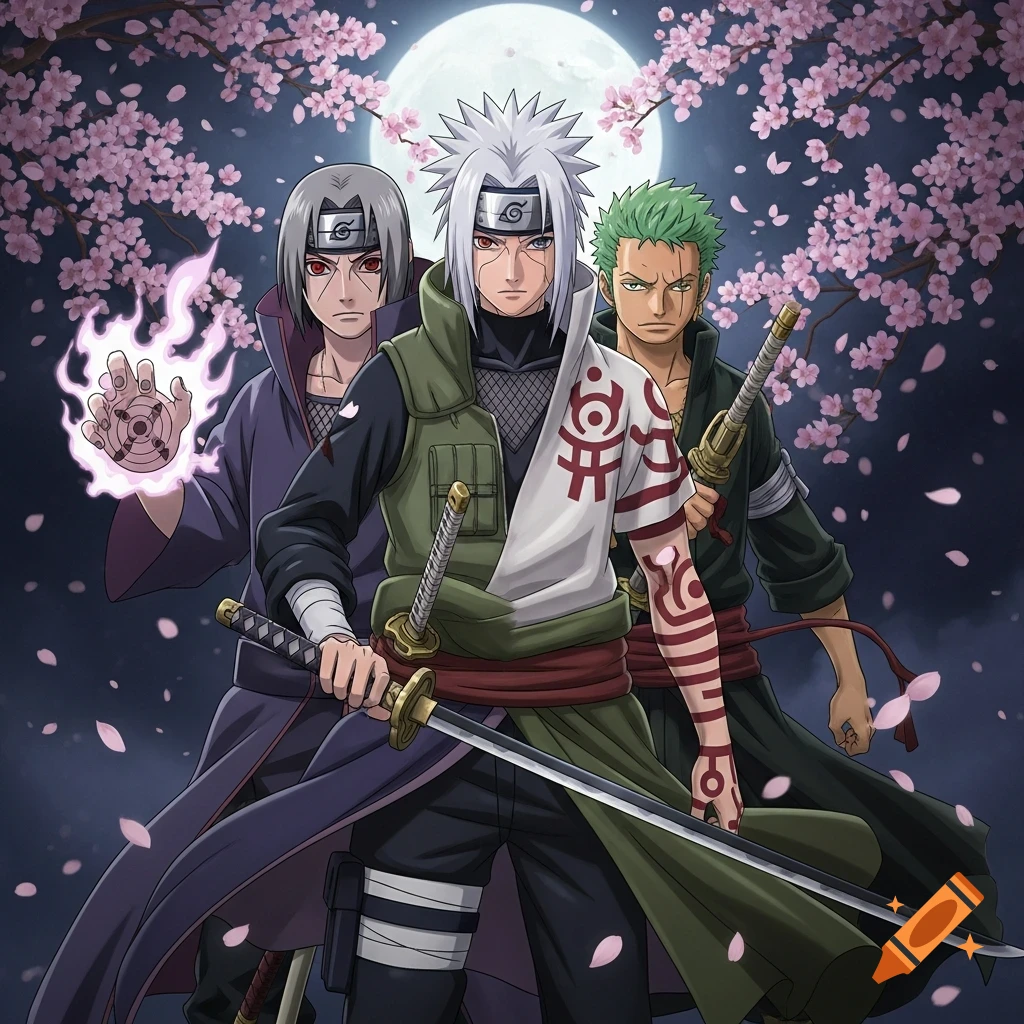 Three male anime characters, including Itachi, Jiraiya, and Zoro, stand under a full moon with cherry blossoms.