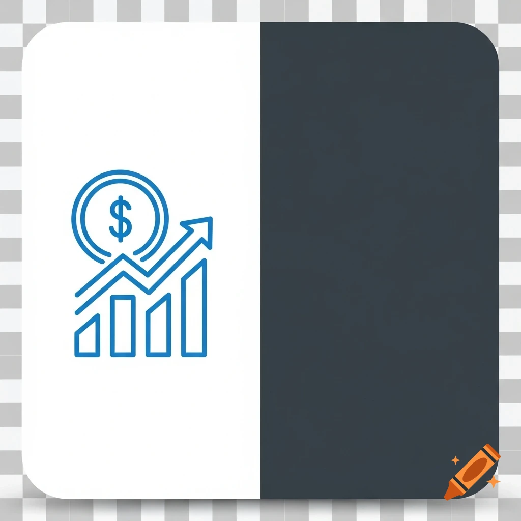 Minimalist blue line-art icon of a dollar sign in a coin with an upward-trending bar graph and arrow.