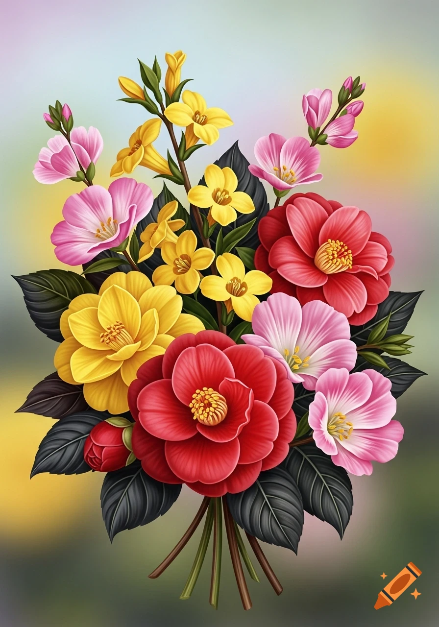 Vibrant illustration of a bouquet with red, yellow, and pink flowers and dark green leaves against a soft, blurred background.