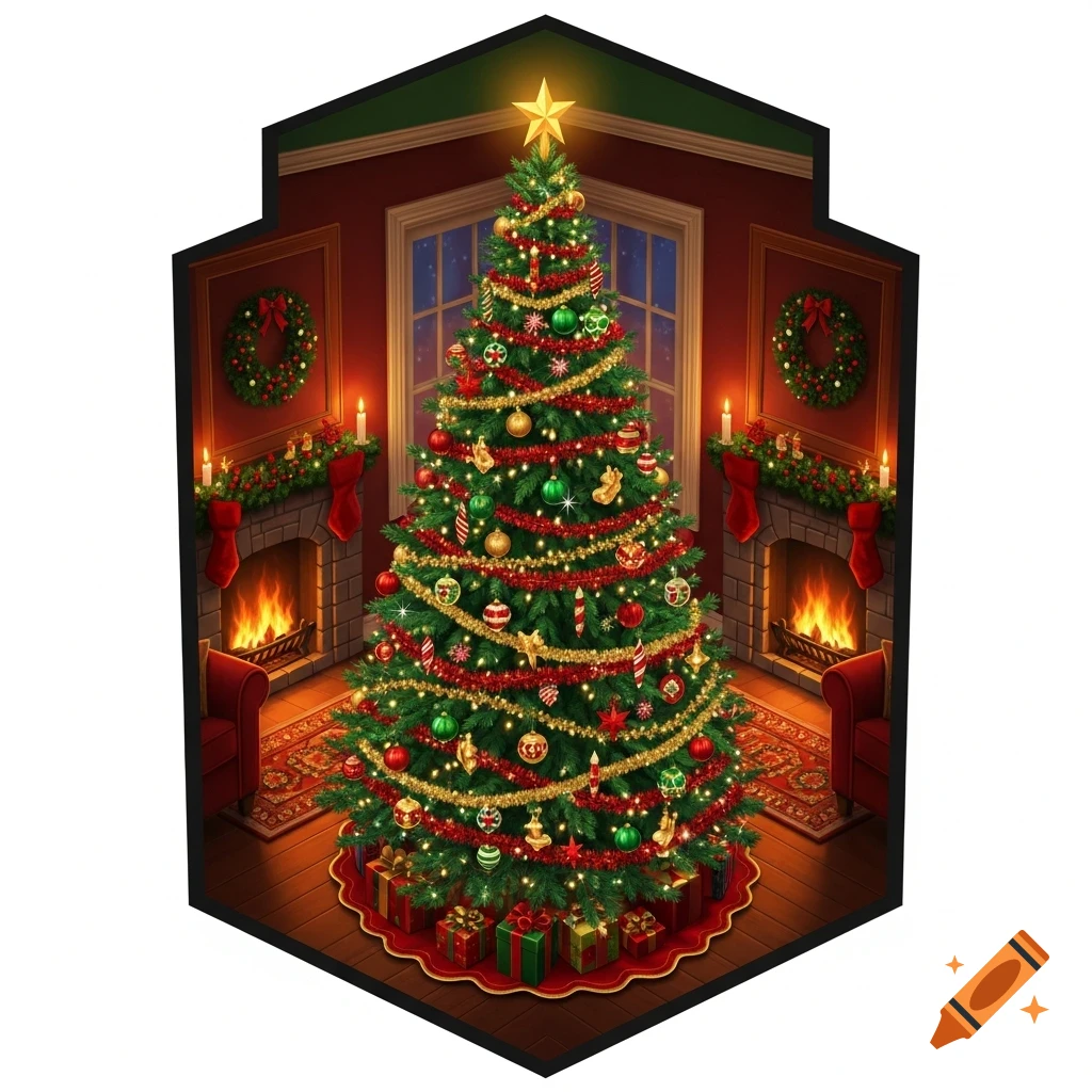 A brightly lit and decorated Christmas tree stands in a cozy room between two fireplaces, adorned with ornaments and gifts.