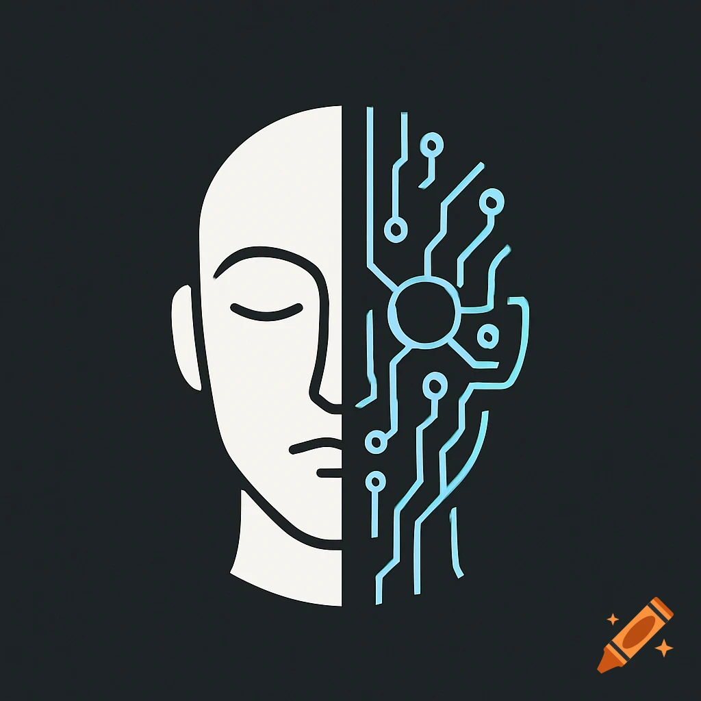 Minimalist vector logo depicting a human head, half organic and half an aqua-blue circuit board, on a dark background.