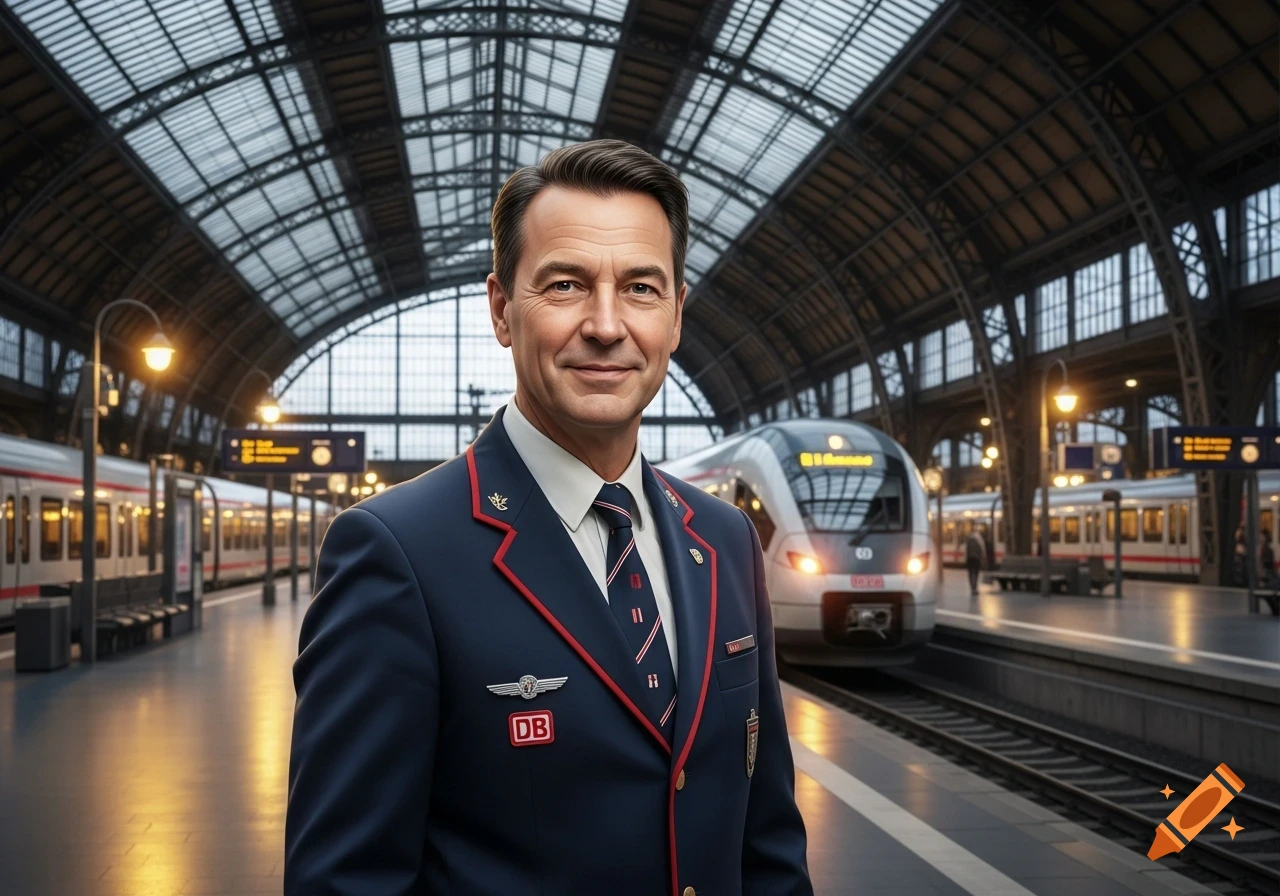 A smiling train conductor in a blue uniform with red trim stands in a busy train station with modern trains in the background.