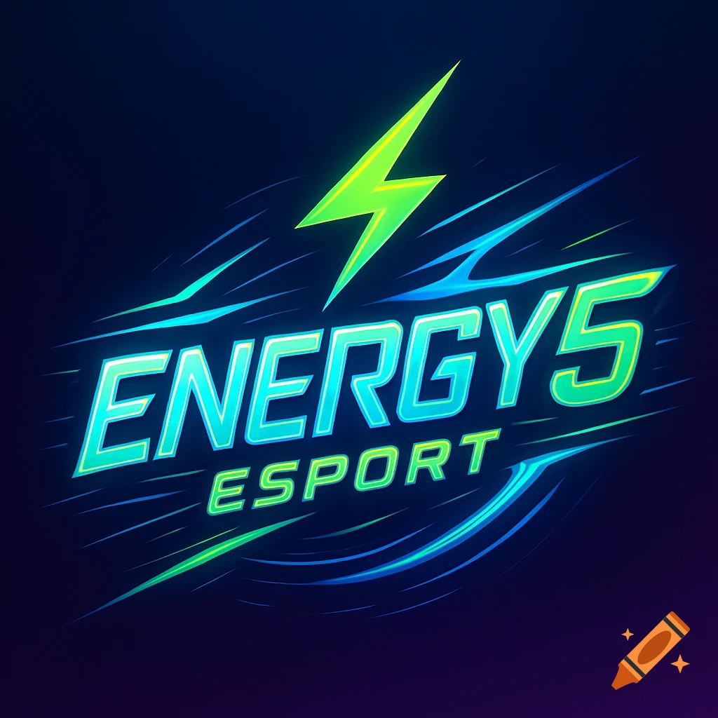 A vibrant logo with a neon green lightning bolt above the text "ENERGY5 ESPORT" in blue and green, with streaks of light on a dark background.