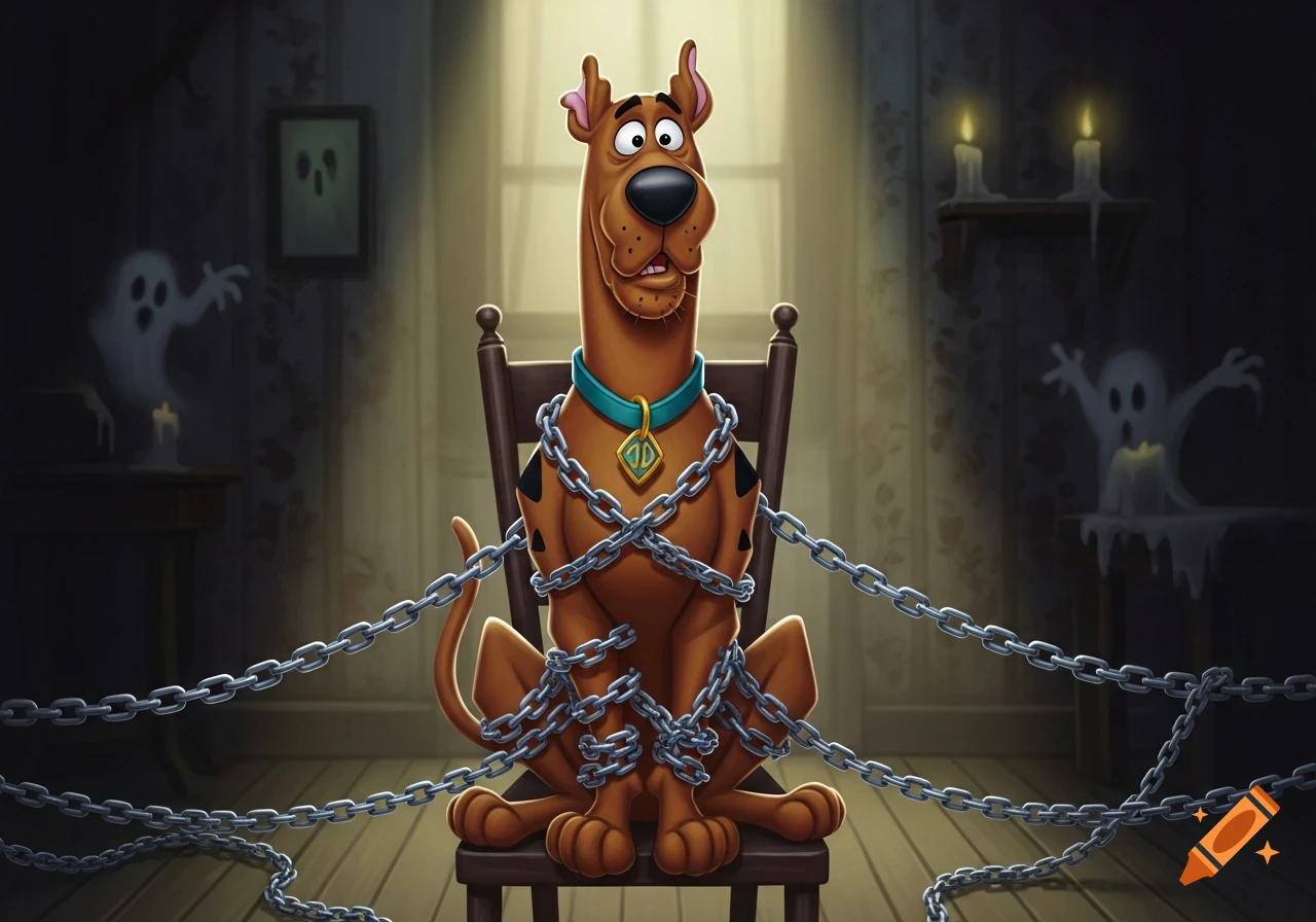 Scooby Doo sits on a chair, bound by metal chains in a dimly lit, haunted room with glowing ghost figures.