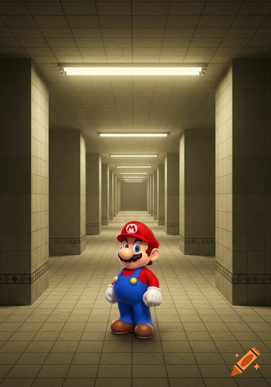 Mario stands in a long, empty, and brightly lit tiled corridor, resembling the Backrooms.