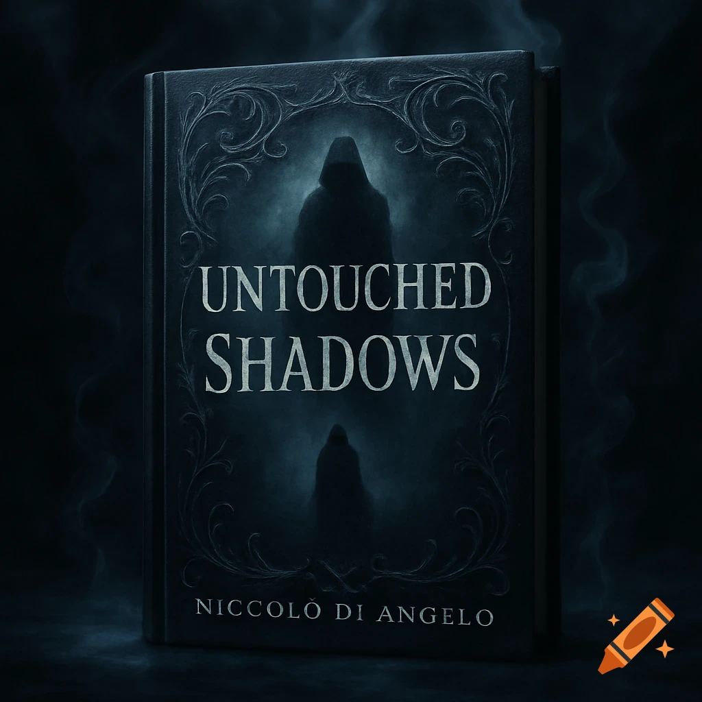 A dark fantasy book cover titled 'Untouched Shadows' by Niccolò di Angelo, featuring a hooded figure in mist.