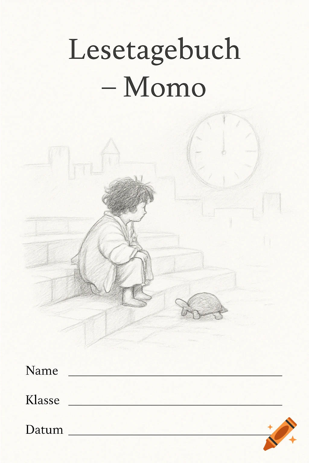 Pencil sketch of a child on steps with a turtle for a book cover titled 'Lesetagebuch - Momo', with lines for name, class, and date.