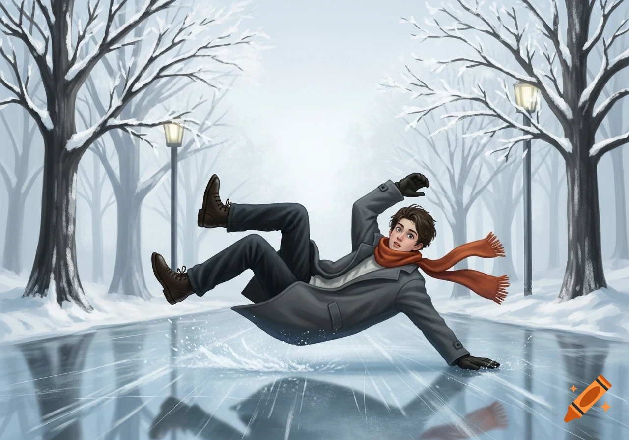 Illustration of a young man in a winter coat and orange scarf slipping dramatically on a patch of ice in a snowy park.