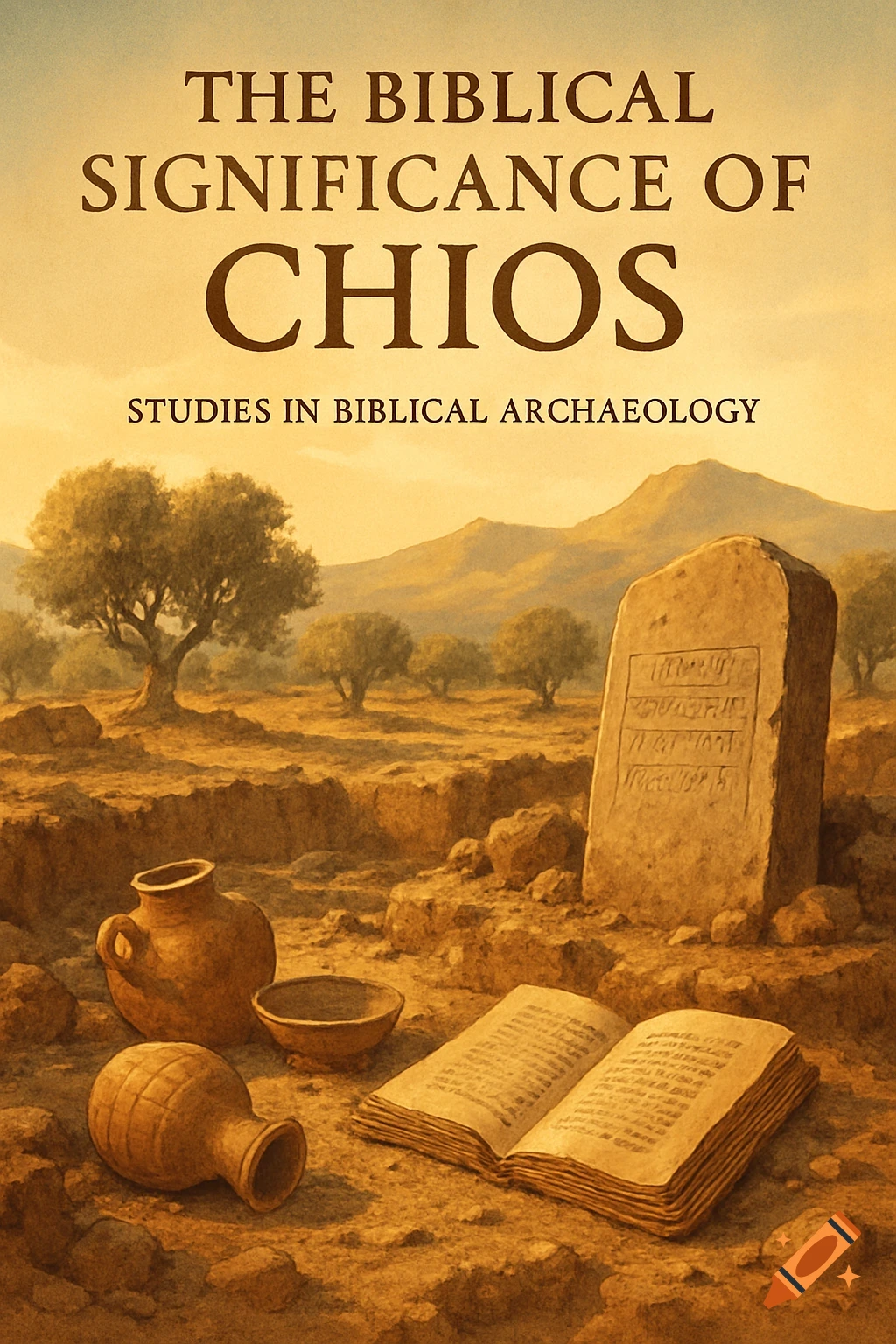 Book cover for 'The Biblical Significance of Chios' featuring ancient pottery, an open book, and a stone tablet in an archaeological desert landscape.