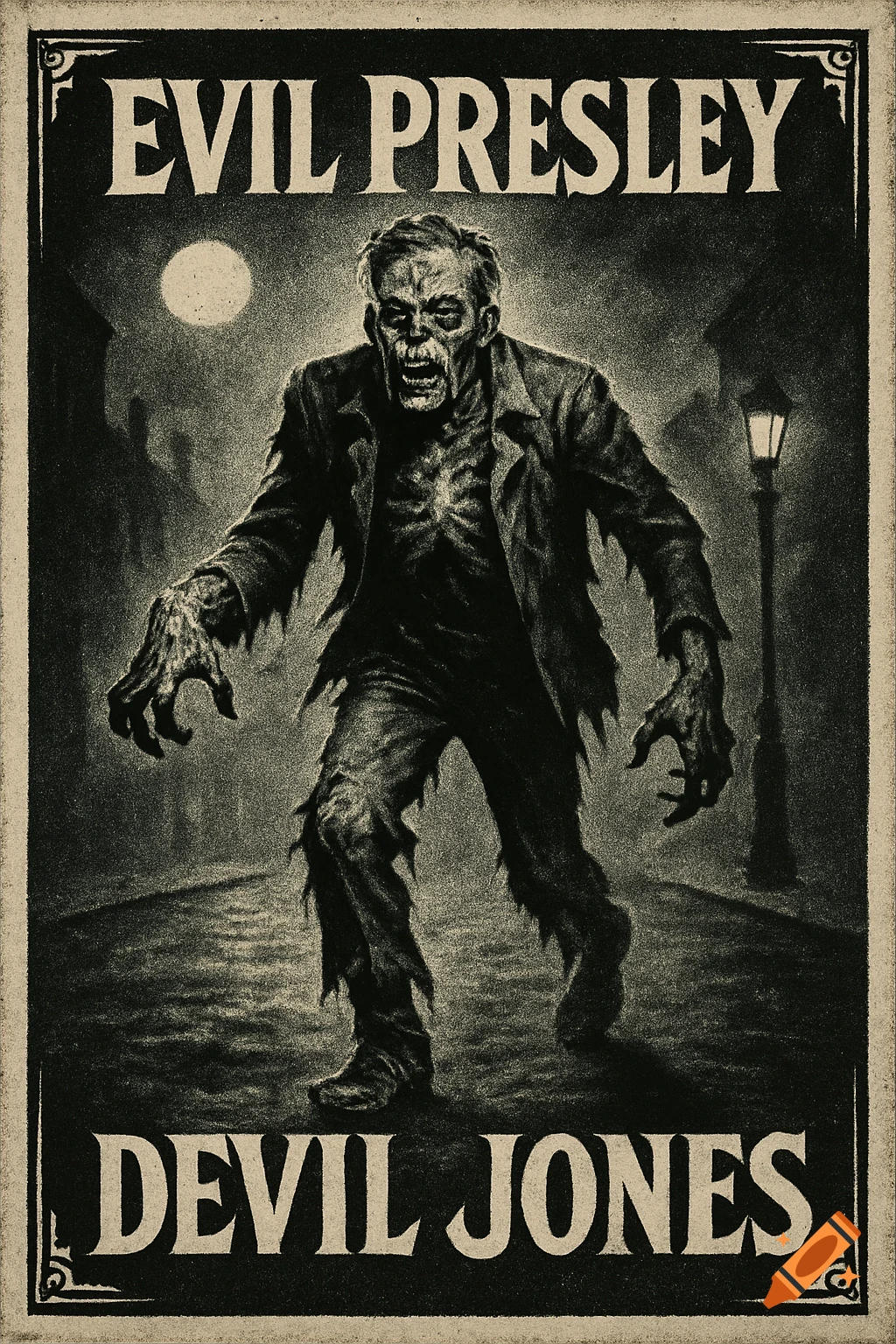 A monochrome 1960s horror poster depicts a gaunt zombie on a dark street, with text 'EVIL PRESLEY' and 'DEVIL JONES'.