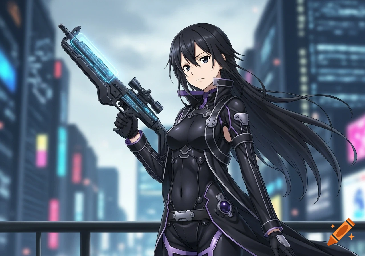 Anime girl in a black and purple futuristic suit holding a sci-fi rifle, overlooking a cyberpunk city.