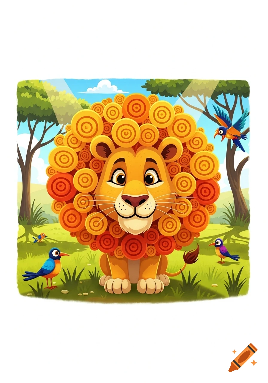 A cute cartoon lion with a circular mane sits in a grassy savanna with colorful birds and trees under a sunny sky.